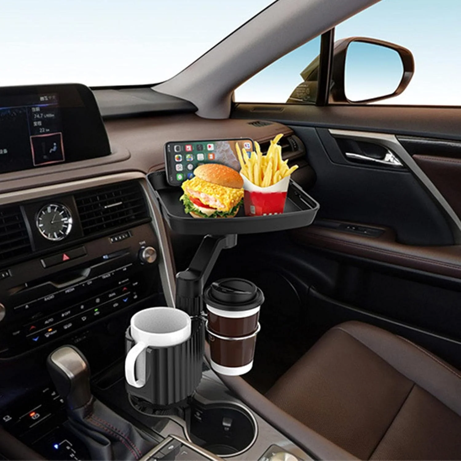 سینی نگهدارنده لیوان خودرو - نگهدارنده 3 در 1 خودرو با سینی لیوان جداشدنی - لوازم جانبی سفر جاده ای خودرو با قابلیت چرخش 360 درجه