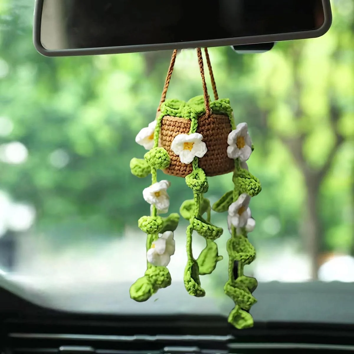 آویز تزئینی خودرو، آویز گیاه بافتنی زیبا برای آینه عقب، لوازم جانبی دست ساز بافتنی برای تزئین داخل خودرو (گل کوچک)