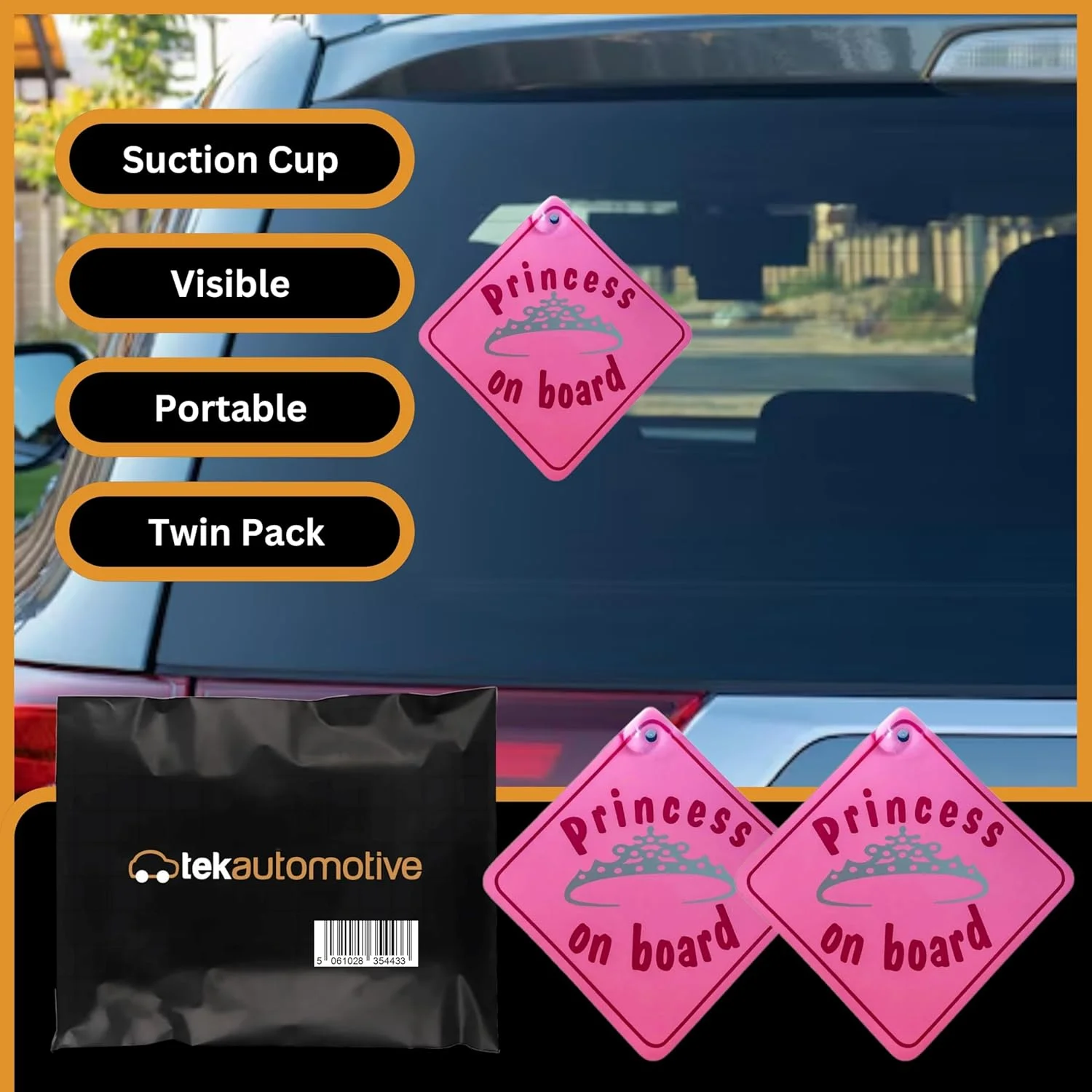 نشان خودرو «پرنسس در خودرو» تک اتوموتیو – بسته دوتایی، 14x14 سانتی متر، صورتی با مکنده – نشان کودک در خودرو، لوازم جانبی زیبای خودرو برای دختران