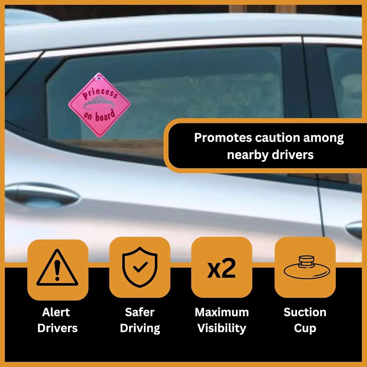 نشان خودرو «پرنسس در خودرو» تک اتوموتیو – بسته دوتایی، 14x14 سانتی متر، صورتی با مکنده – نشان کودک در خودرو، لوازم جانبی زیبای خودرو برای دختران
