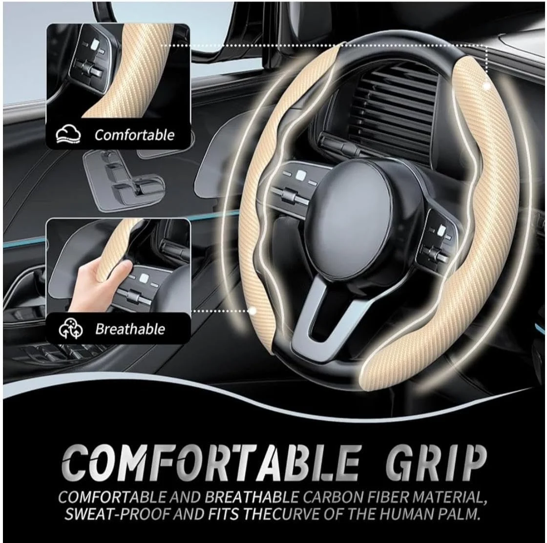 روکش فرمان خودرو، روکش فرمان رنگ بِژ برای آقایان و بانوان، روکش فرمان اسپرت خودرو - روکش فرمان ضد لغزش - لوازم جانبی داخلی خودرو جهانی - فیبر کربن