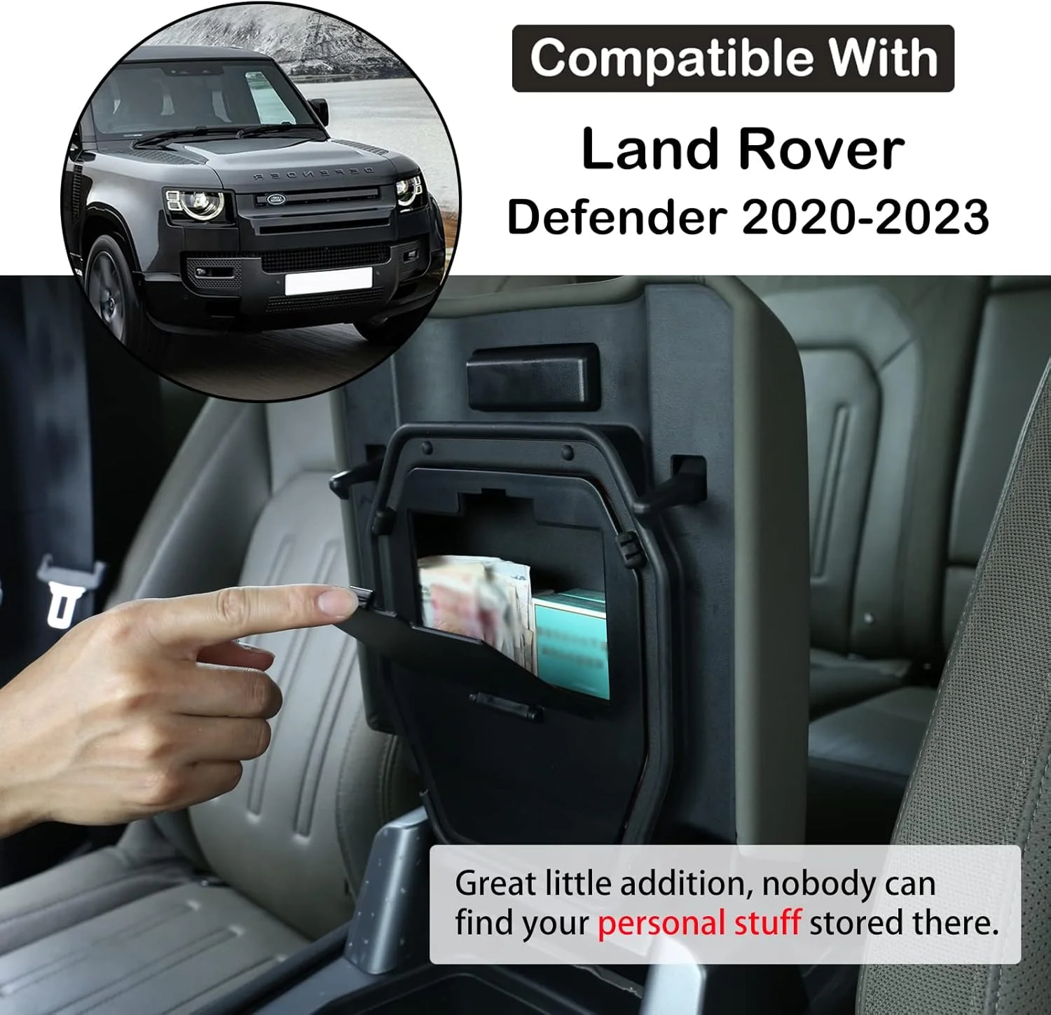 جعبه مخفی نگهداری زیر آرنجی خودرو سازگار با لند روور دیفندر 2020-2023، سازمان دهنده حریم خصوصی کنسول وسط، سینی، محفظه، پالت، مدیریت لوازم جانبی داخلی