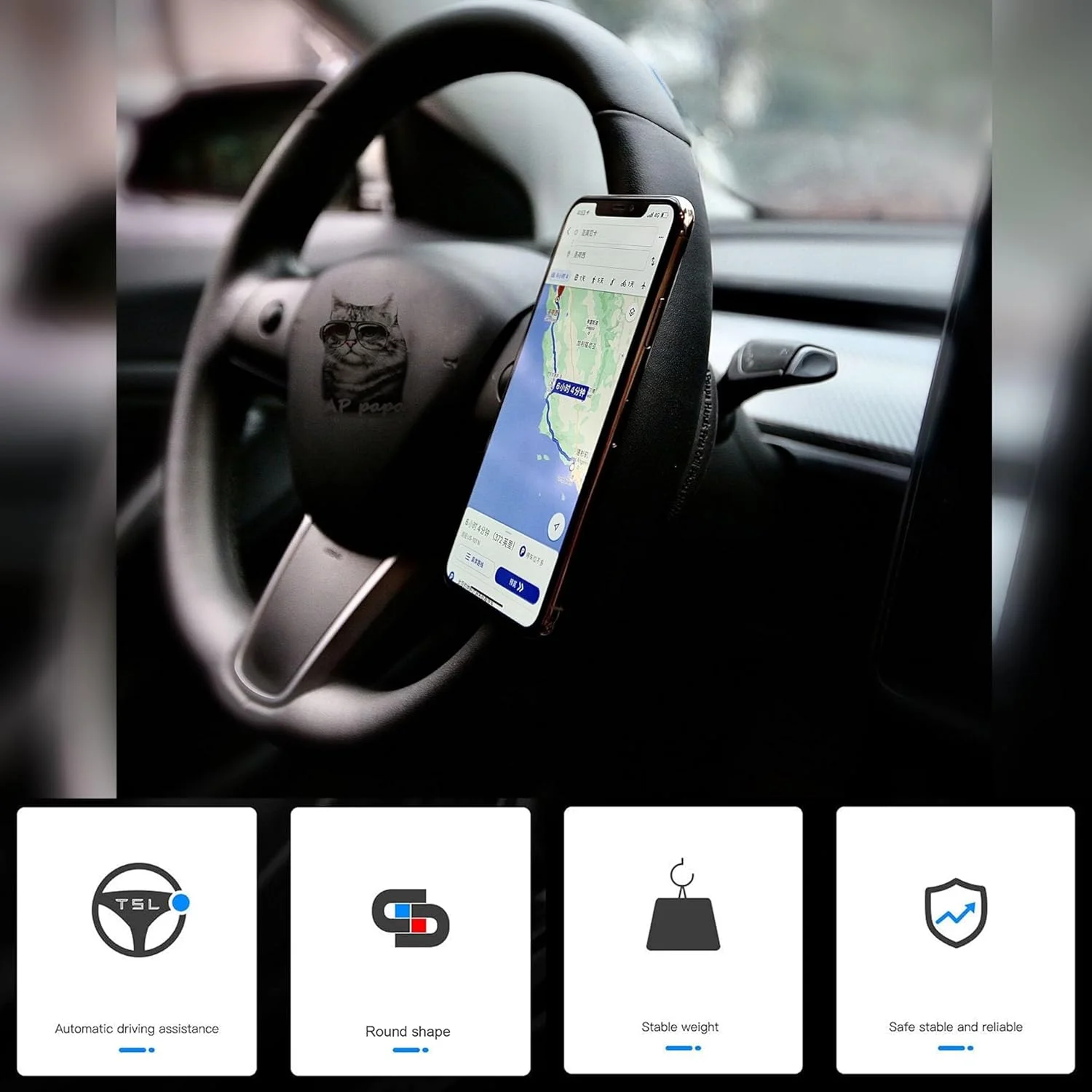لوازم جانبی فرمان مناسب برای مدل 3 و مدل Y تسلا، تقویت کننده فرمان با پایه تلفن، حلقه وزنه تعادل رانندگی خودکار کمکی FSD و چکش ایمنی خودرو برای شکستن شیشه