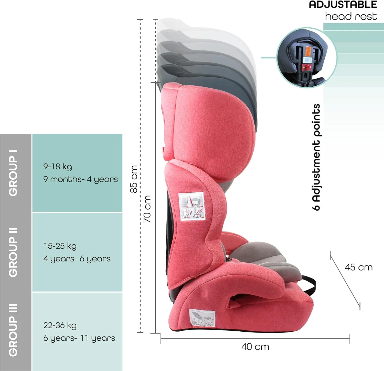 صندلی خودرو کودک MOON Tolo - تجهیزات سفر کودک برای کودکان (9 ماه تا 11 سال) - صندلی تقویت کننده کودک رو به جلو با تکیه گاه سر قابل تنظیم - لوازم جانبی خودرو راحت گروه 1-2-3 - خاکستری و قرمز