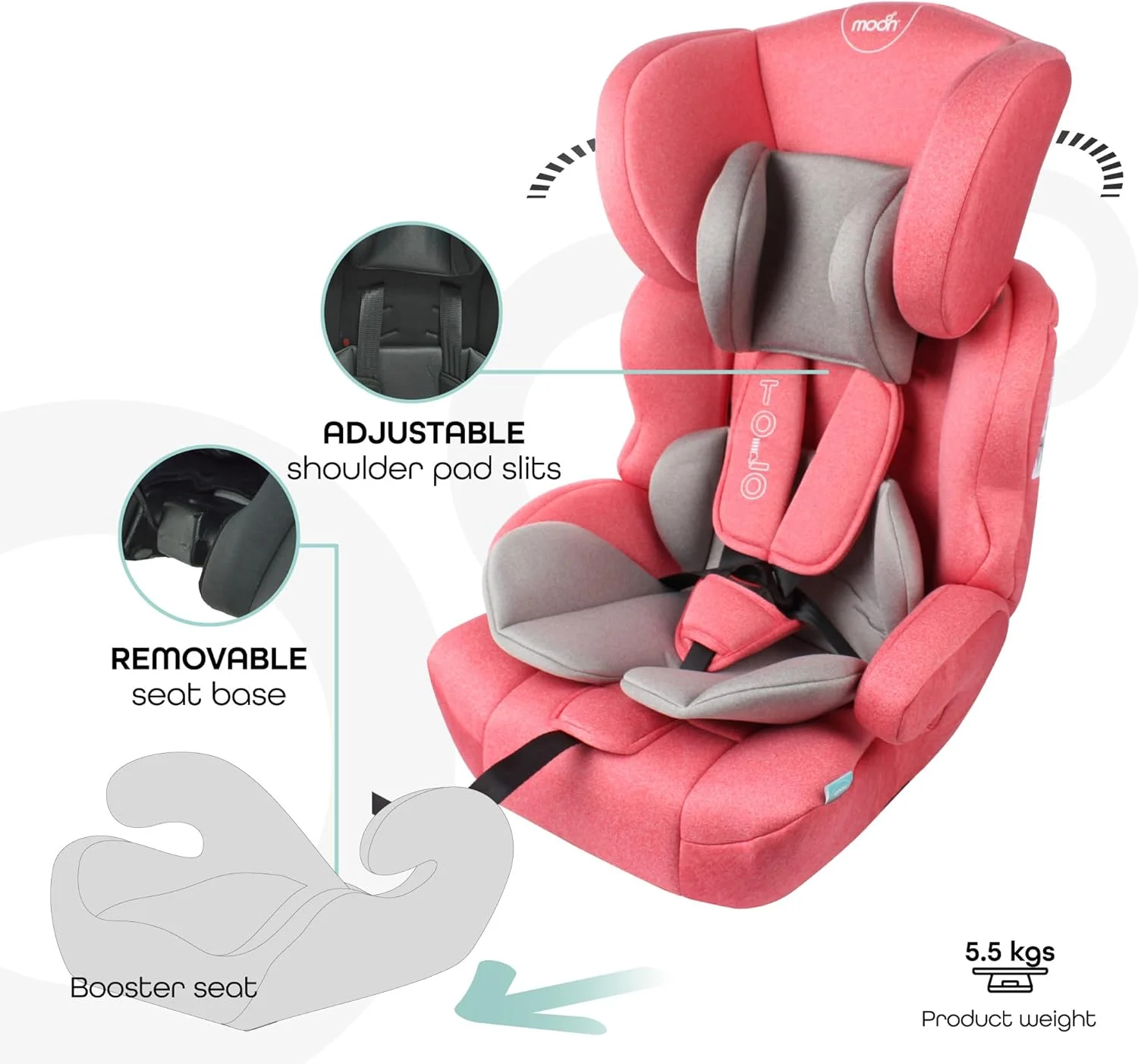 صندلی خودرو کودک MOON Tolo - تجهیزات سفر کودک برای کودکان (9 ماه تا 11 سال) - صندلی تقویت کننده کودک رو به جلو با تکیه گاه سر قابل تنظیم - لوازم جانبی خودرو راحت گروه 1-2-3 - خاکستری و قرمز