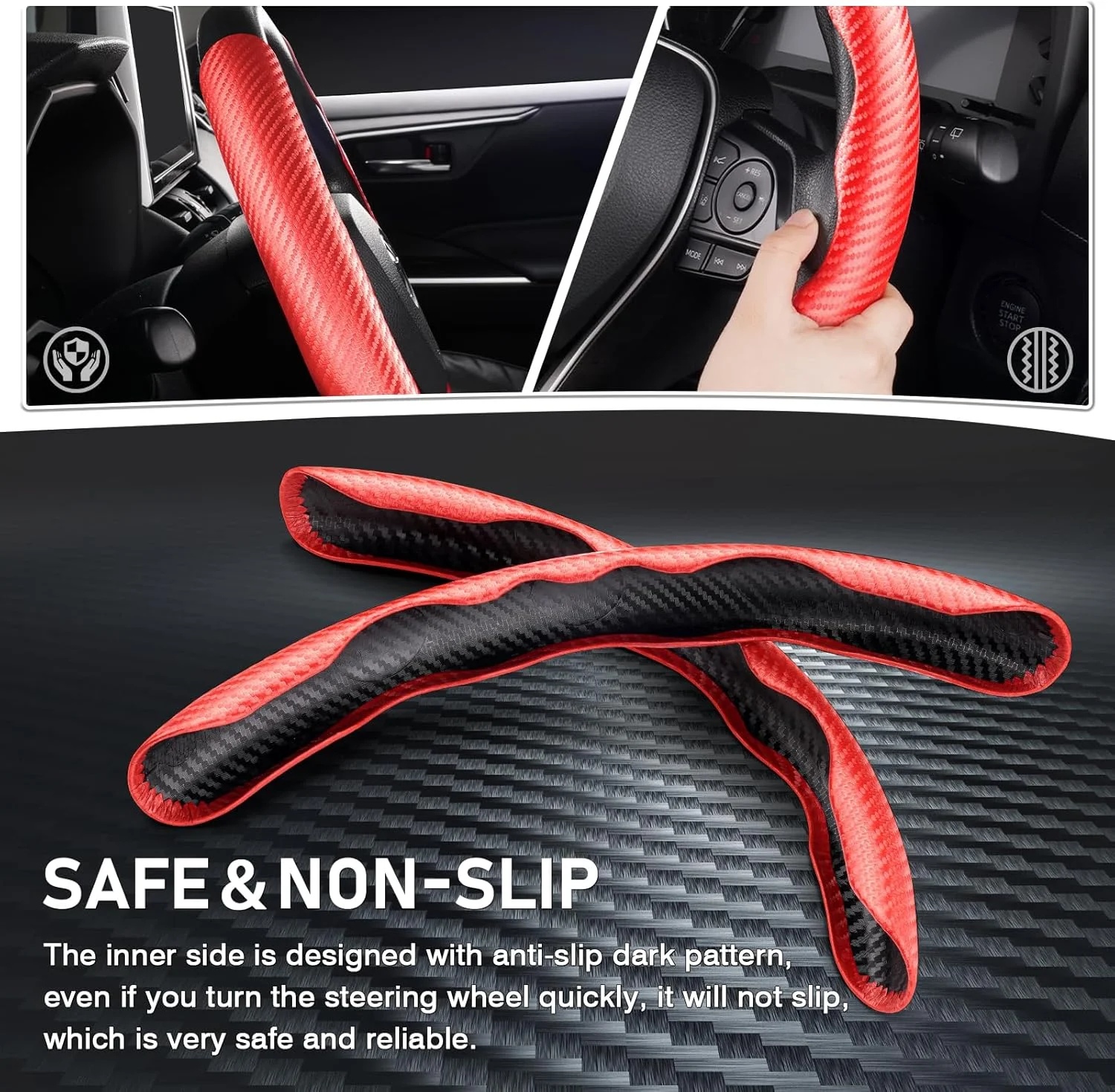 روکش فرمان Cartist، روکش فرمان فیبر کربنی، روکش فرمان خودرو برای آقایان/بانوان، ضد لغزش، با چسبندگی راحت، بادوام، جهانی برای 99% لوازم جانبی داخلی خودرو (قرمز)