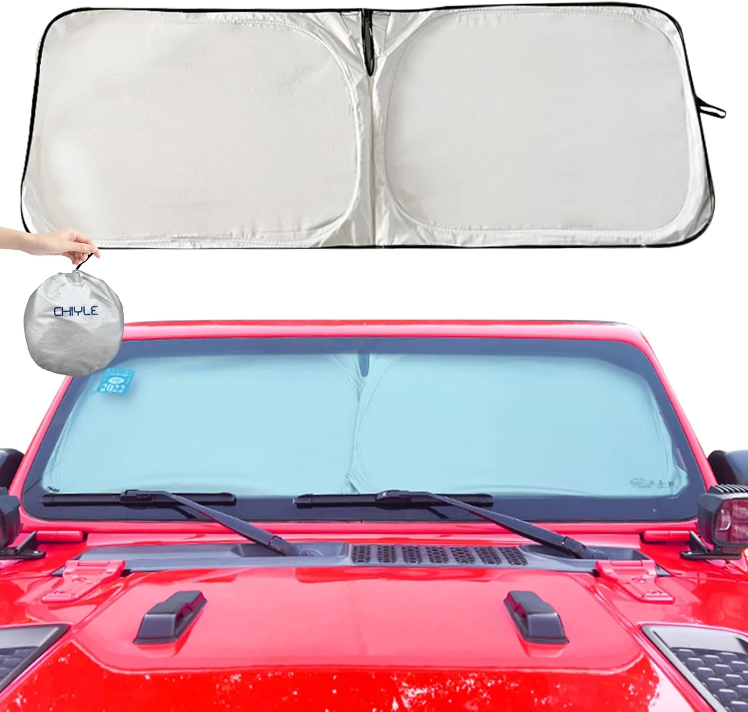 آفتابگیر شیشه جلوی خودرو CHIYLE، طراحی ارتقا یافته 2025، فناوری جدید 300T برای پوشش حداکثری، آفتابگیر تاشو مناسب برای Wrangler & Gladiator، لوازم جانبی خودرو (57.09" x 20.5"، J-Small)