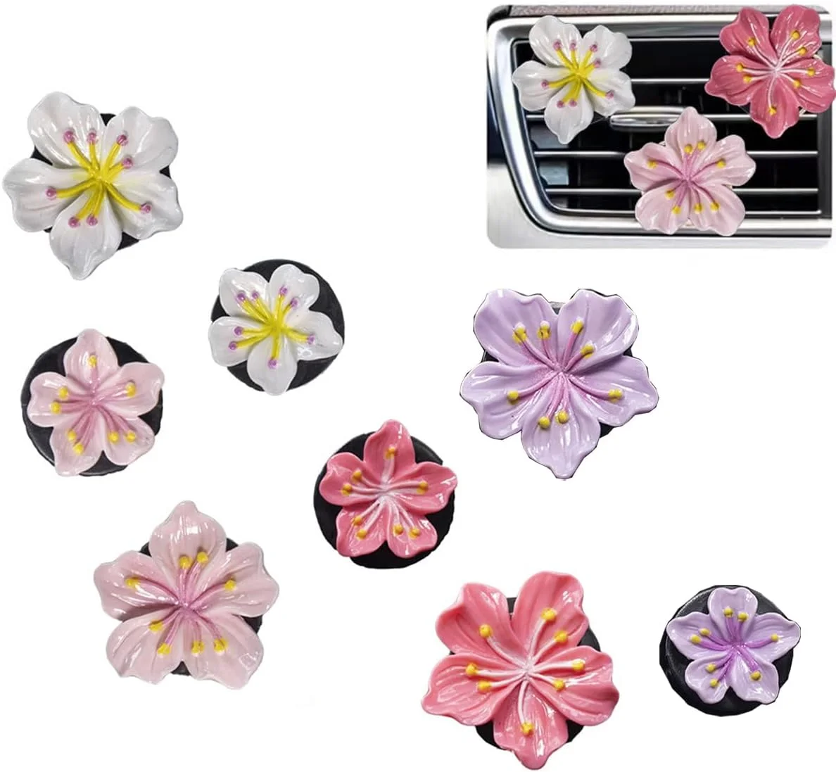گیره دریچه هوا طرح گل آفتابگردان [8 عددی]، خوشبو کننده هوای خودرو، گیره خروجی تهویه مطبوع فانتزی، خوشبو کننده هوای خودرو، لوازم جانبی تزئینات داخلی خودرو (گل رزینی، 8 عدد)