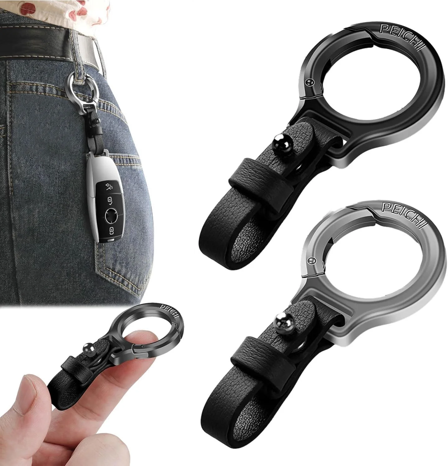 جا کلیدی خودرو با طراحی خاص - آلیاژ روی با بند چرمی، لوازم جانبی بادوام با حلقه های کلید (2 عدد)، مشکی