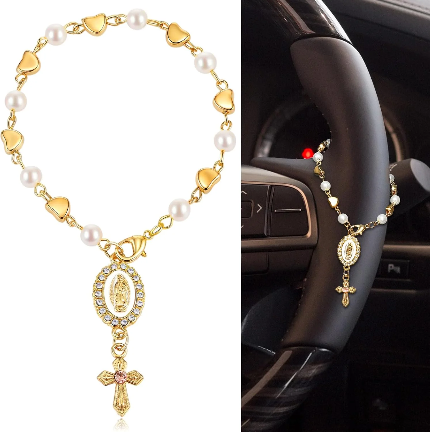 آویز تسبیح فرمان خودرو Huquary، آویز صلیب، تزئین آینه عقب خودرو، تسبیح خودرو برای محافظت و تزئین خودرو (مروارید)