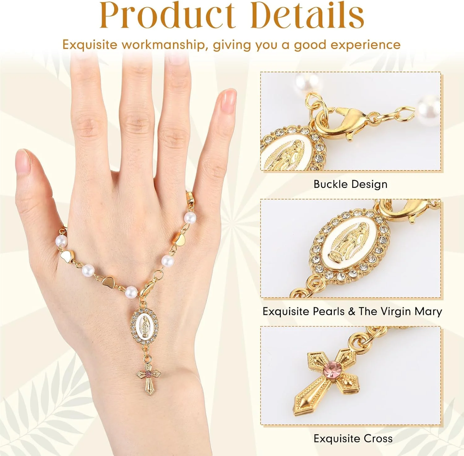 آویز تسبیح فرمان خودرو Huquary، آویز صلیب، تزئین آینه عقب خودرو، تسبیح خودرو برای محافظت و تزئین خودرو (مروارید)