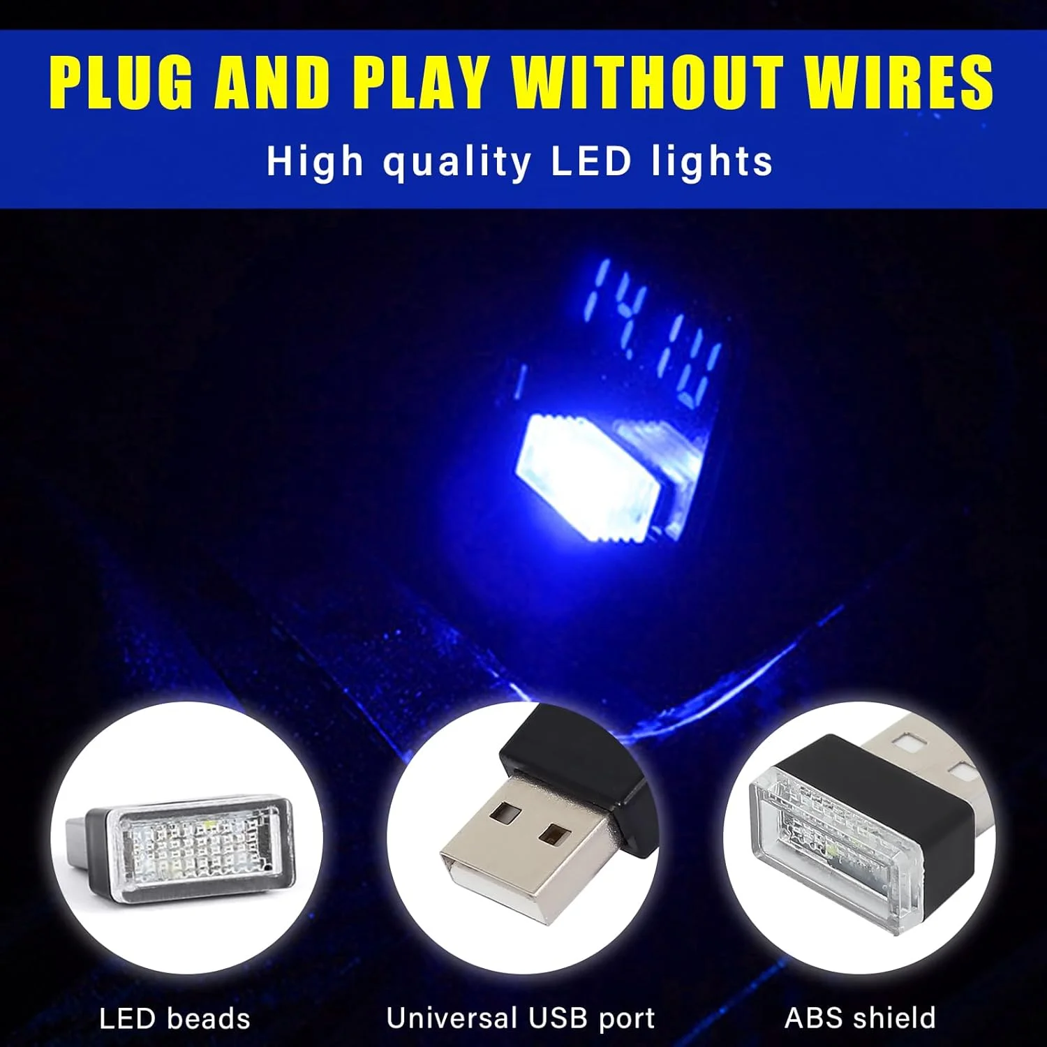 چراغ ال ای دی USB داخلی خودرو Augeny، چراغ شب تزئینی USB، کیت نورپردازی محیطی قابل حمل، لوازم جانبی داخلی خودرو جهانی برای اکثر خودروها، آبی