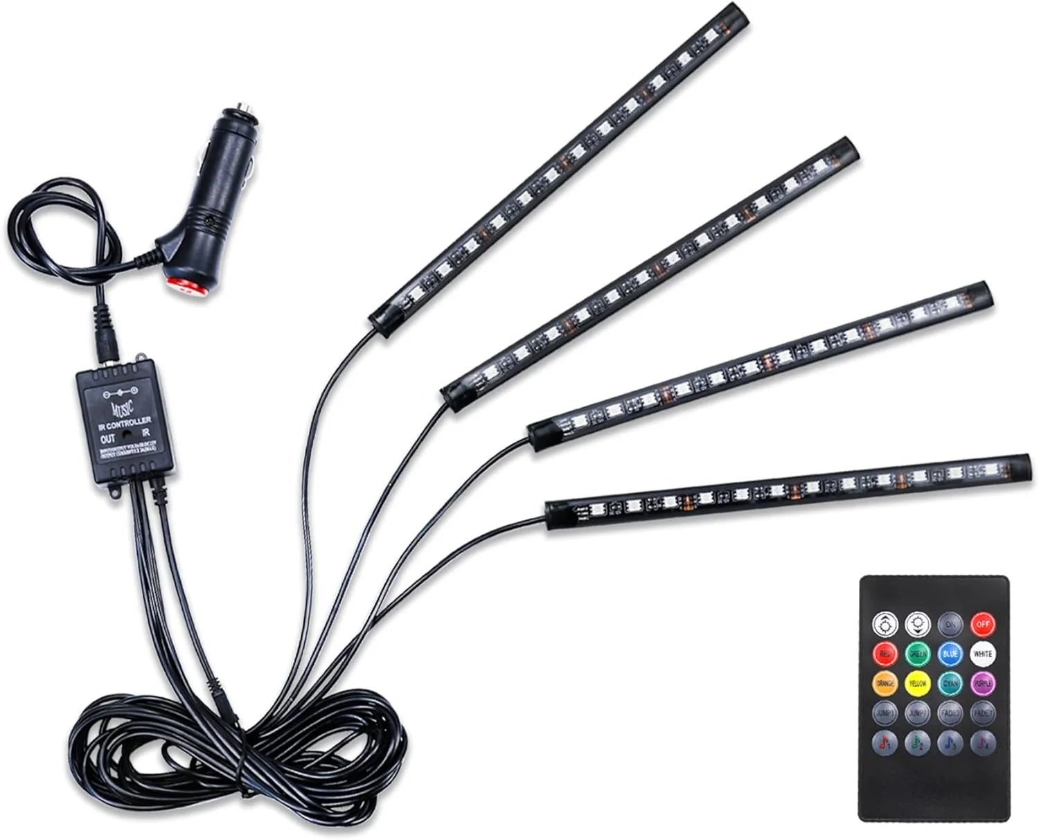 چراغ های داخلی LED خودرو LivTee، 4 عدد 48 LED چند رنگه، لوازم جانبی داخلی خودرو زیر داشبورد، کیت ضد آب با عملکرد فعال صوتی و کنترل از راه دور بی سیم، شامل شارژر خودرو