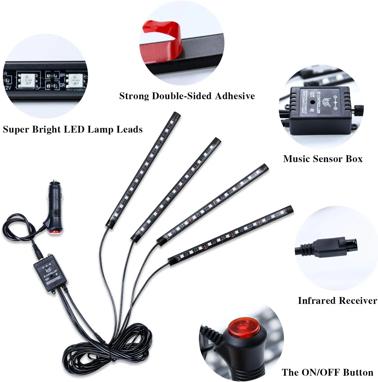 چراغ های داخلی LED خودرو LivTee، 4 عدد 48 LED چند رنگه، لوازم جانبی داخلی خودرو زیر داشبورد، کیت ضد آب با عملکرد فعال صوتی و کنترل از راه دور بی سیم، شامل شارژر خودرو