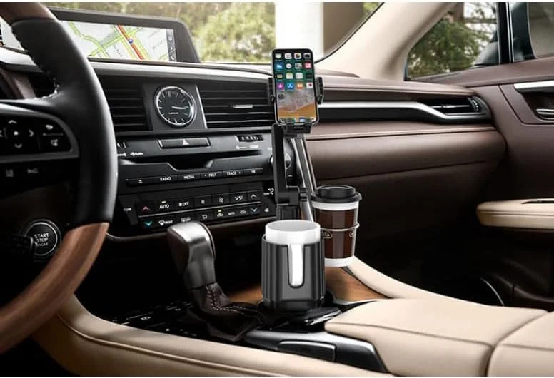 نگهدارنده لیوان خودرو با سینی گسترش دهنده، 4 در 1 با سینی میز جداشدنی، نگهدارنده تلفن، نگهدارنده لیوان دوگانه سازگار، لوازم جانبی ضروری خودرو برای سفر، خاکستری (188-01)