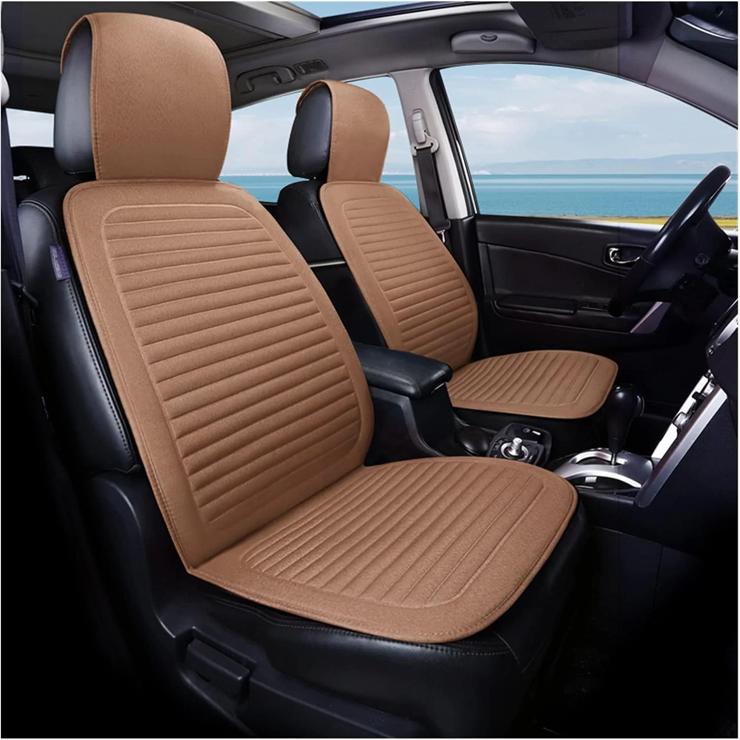روکش صندلی خودرو SYOSI مناسب خودروهای سواری و شاسی بلند، روکش صندلی کتان پنبه ای شیک، پد محافظ، لوازم جانبی داخلی خودرو، جهانی (رنگ: بژ)