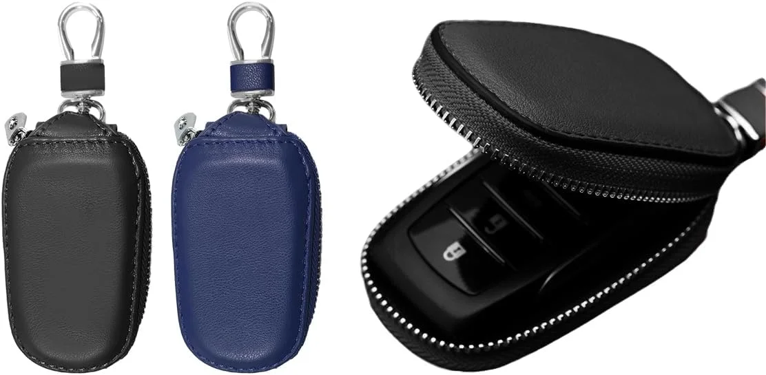 جا کلیدی چرمی خودرو، نگهدارنده کلید اتومبیل با قلاب فلزی و زیپ، محافظ ریموت خودرو، لوازم جانبی خودرو (مشکی+آبی)