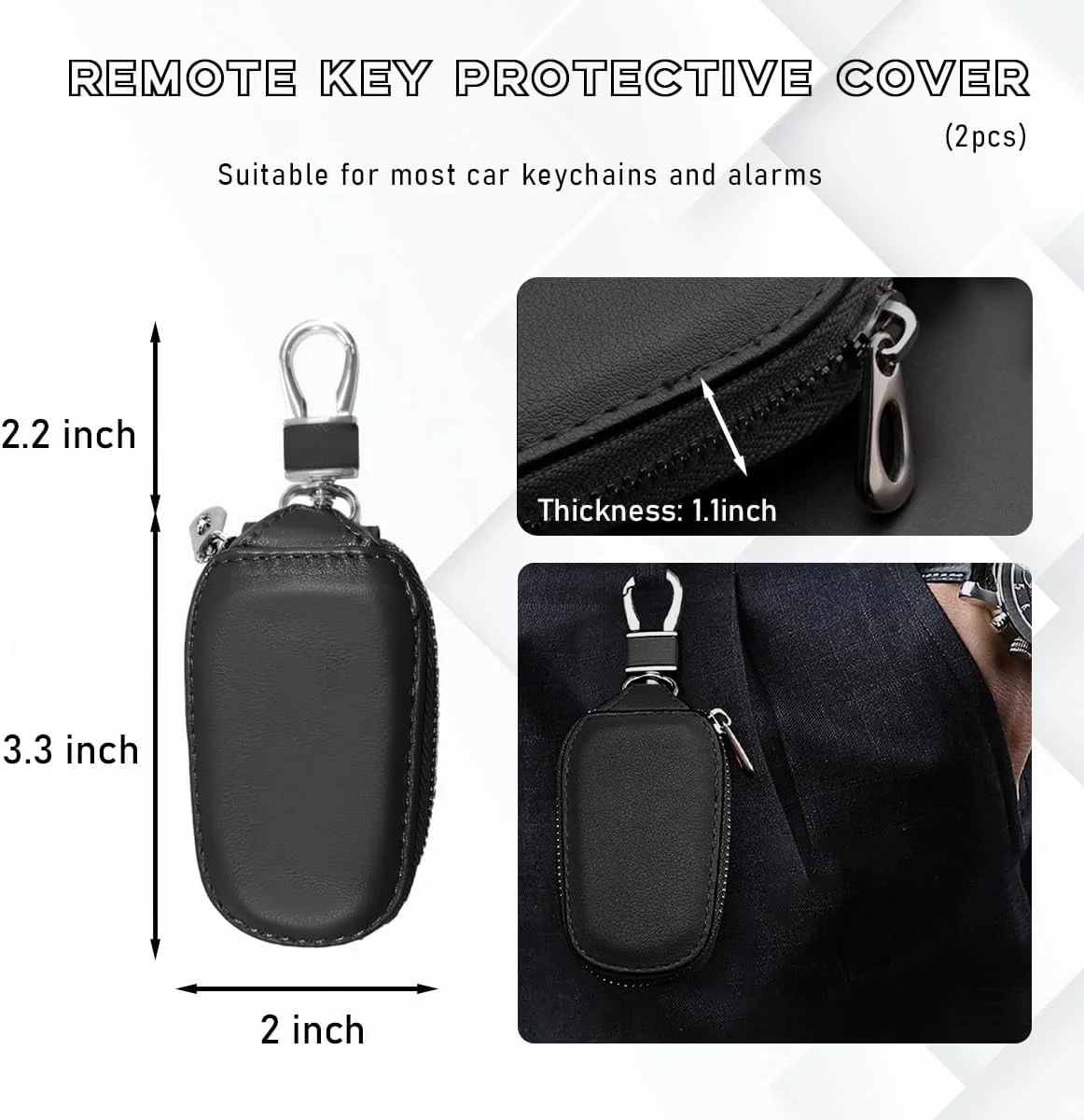 جا کلیدی چرمی خودرو، نگهدارنده کلید اتومبیل با قلاب فلزی و زیپ، محافظ ریموت خودرو، لوازم جانبی خودرو (مشکی+آبی)