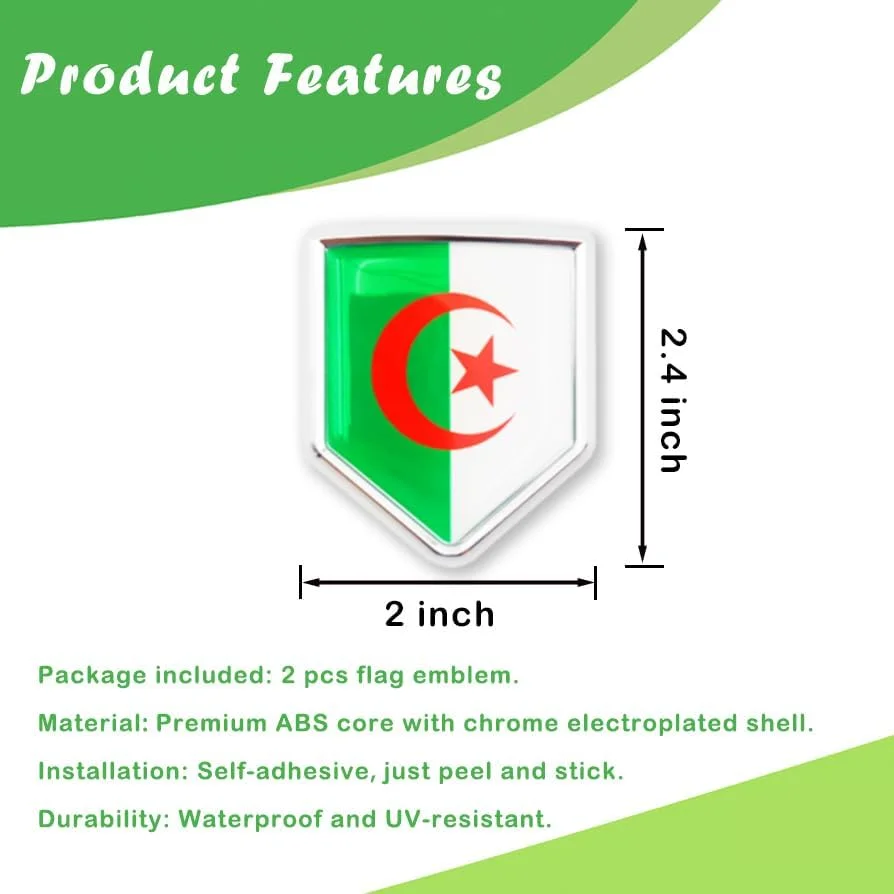 برچسب پرچم الجزایر Newperlite، نشان خودرو، لوازم تزئینی خودرو با پرچم الجزایر، سپر کرومی برای کامیون ها و خودروها، بسته 2 عددی