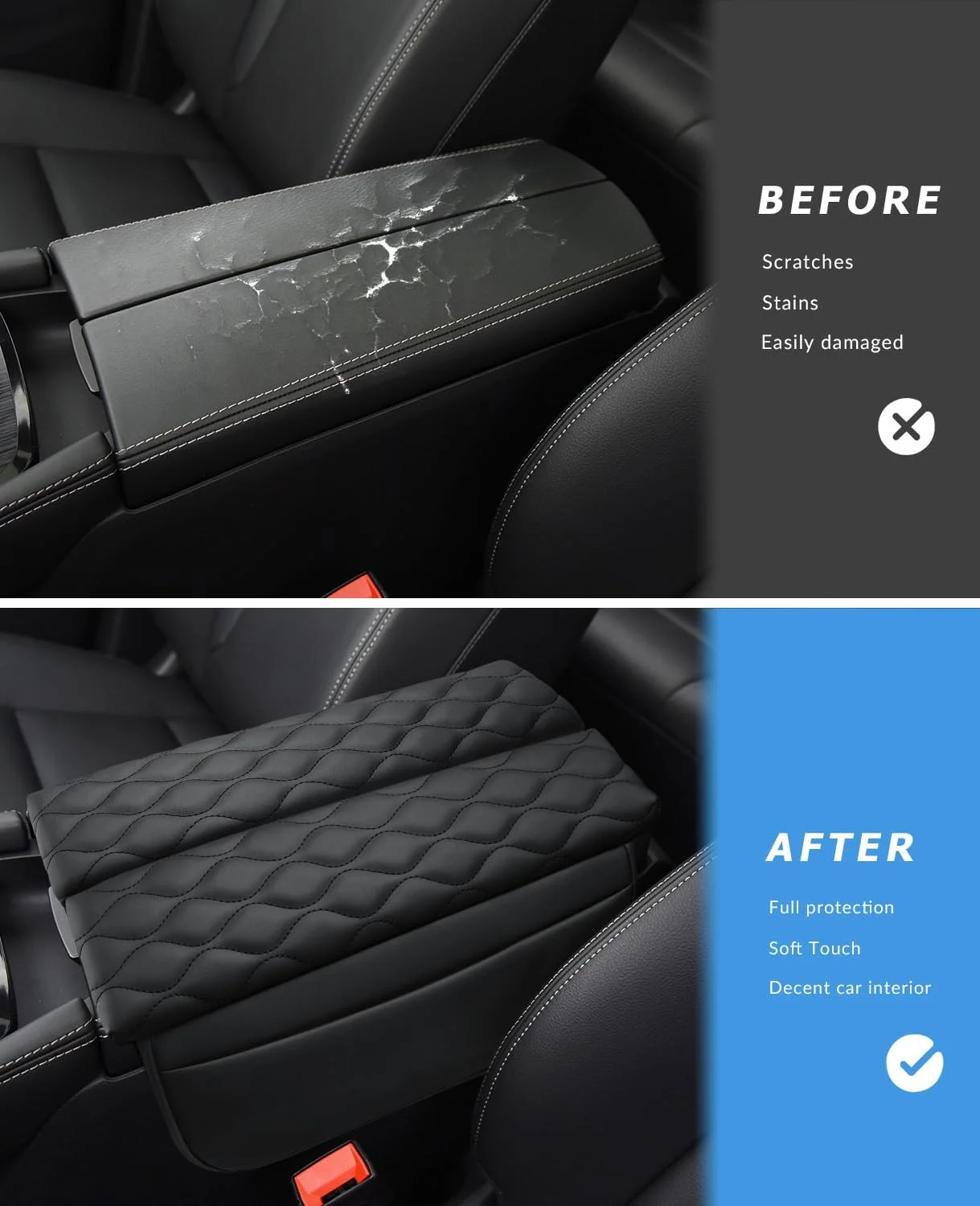 روکش کنسول وسط خودرو INTGET مناسب برای لوازم جانبی نیسان روگ 2021-2024، روکش چرمی جعبه استراحت دست، محافظ روکش صندلی کنسول میانی (بافت کوسن مشکی، 2021-2024)