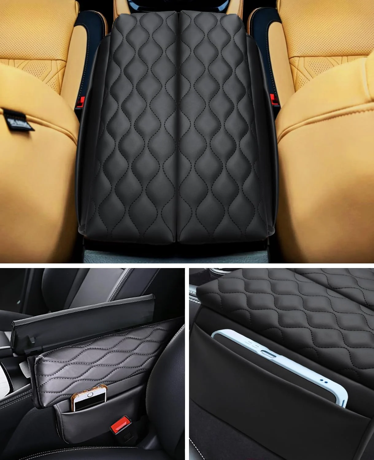 روکش کنسول وسط خودرو INTGET مناسب برای لوازم جانبی نیسان روگ 2021-2024، روکش چرمی جعبه استراحت دست، محافظ روکش صندلی کنسول میانی (بافت کوسن مشکی، 2021-2024)