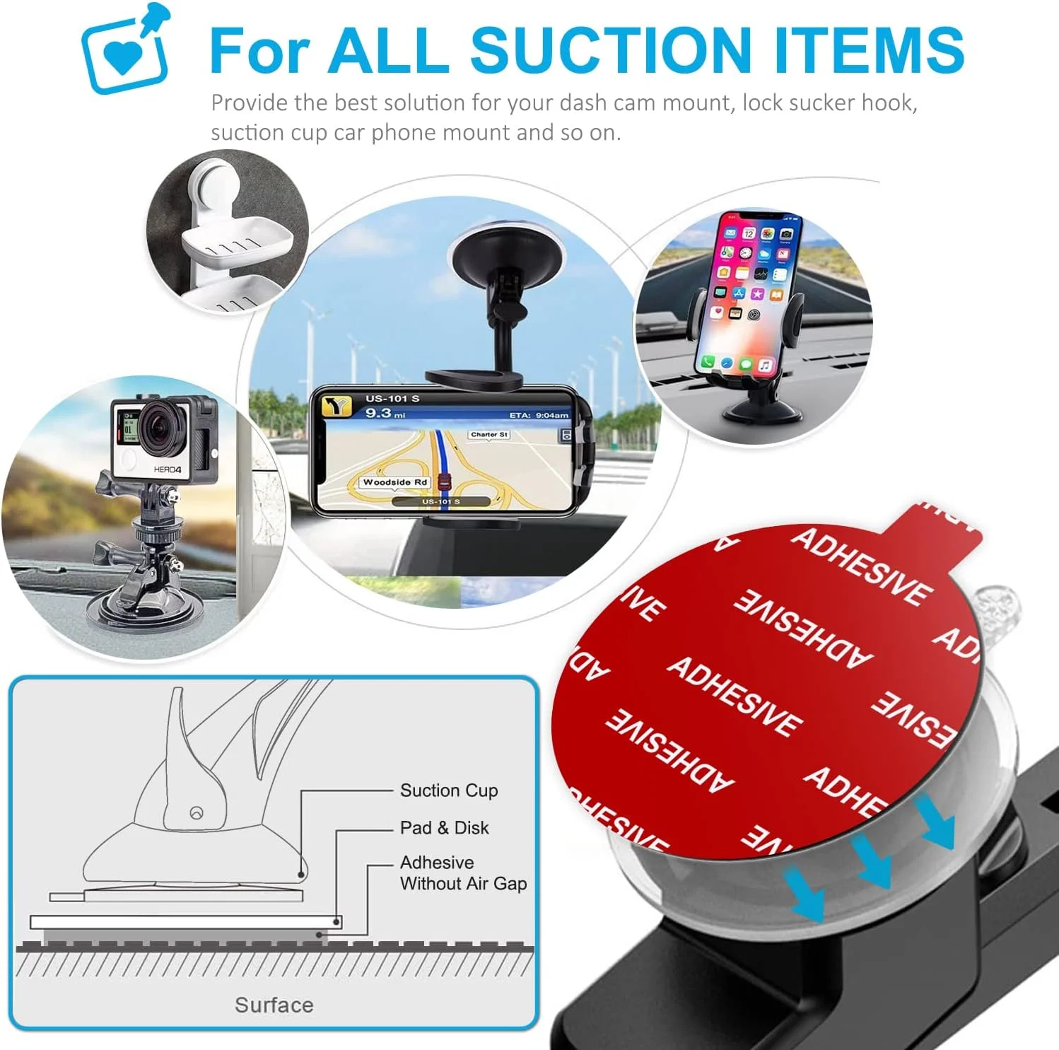 برچسب های چسبی پایه نگهدارنده شیشه خودرو AZXYI، بسته 6 عددی، دایره ای 80 میلی متری (3.15 اینچ) دو طرفه برای دیسک نصب داشبورد و دوربین شیشه جلو، GPS، پایه نگهدارنده تلفن خودرو