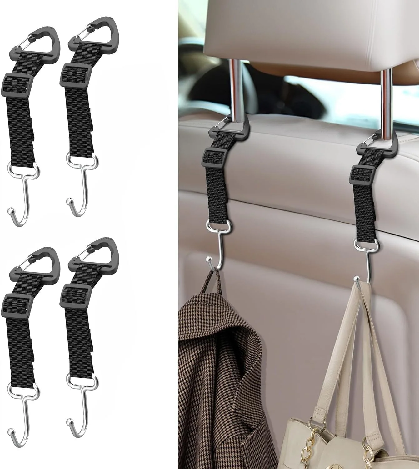 آویز کیف برای خودرو، 4 عدد قلاب پشت سری صندلی خودرو قابل تنظیم، قلاب فلزی پشت سری، قلاب جهانی صندلی عقب، لوازم جانبی صندلی خودرو برای کیف دستی، کیف پول، کت، کیسه های خرید