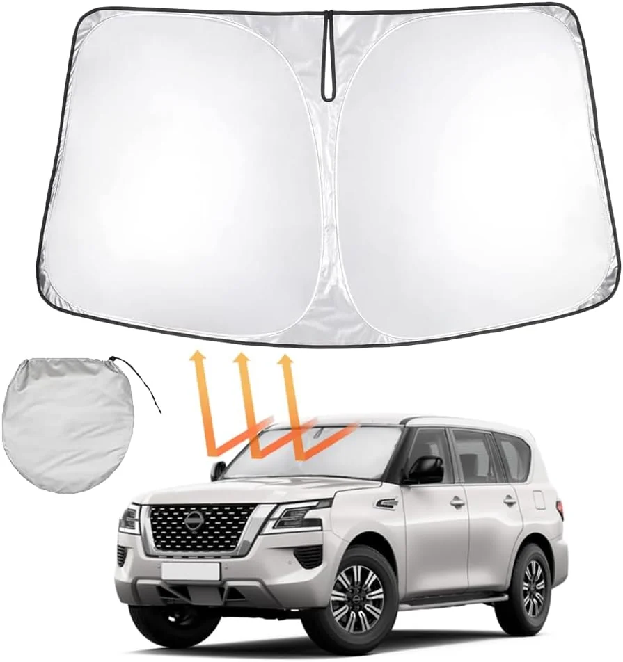 آفتابگیر شیشه جلوی خودرو برای پاترول Y62 مدل 2010-2024، سایه بان تاشو خودرو با کیف نگهداری، آفتابگیر بازتابنده شیشه جلو، مسدود کننده اشعه ماوراء بنفش