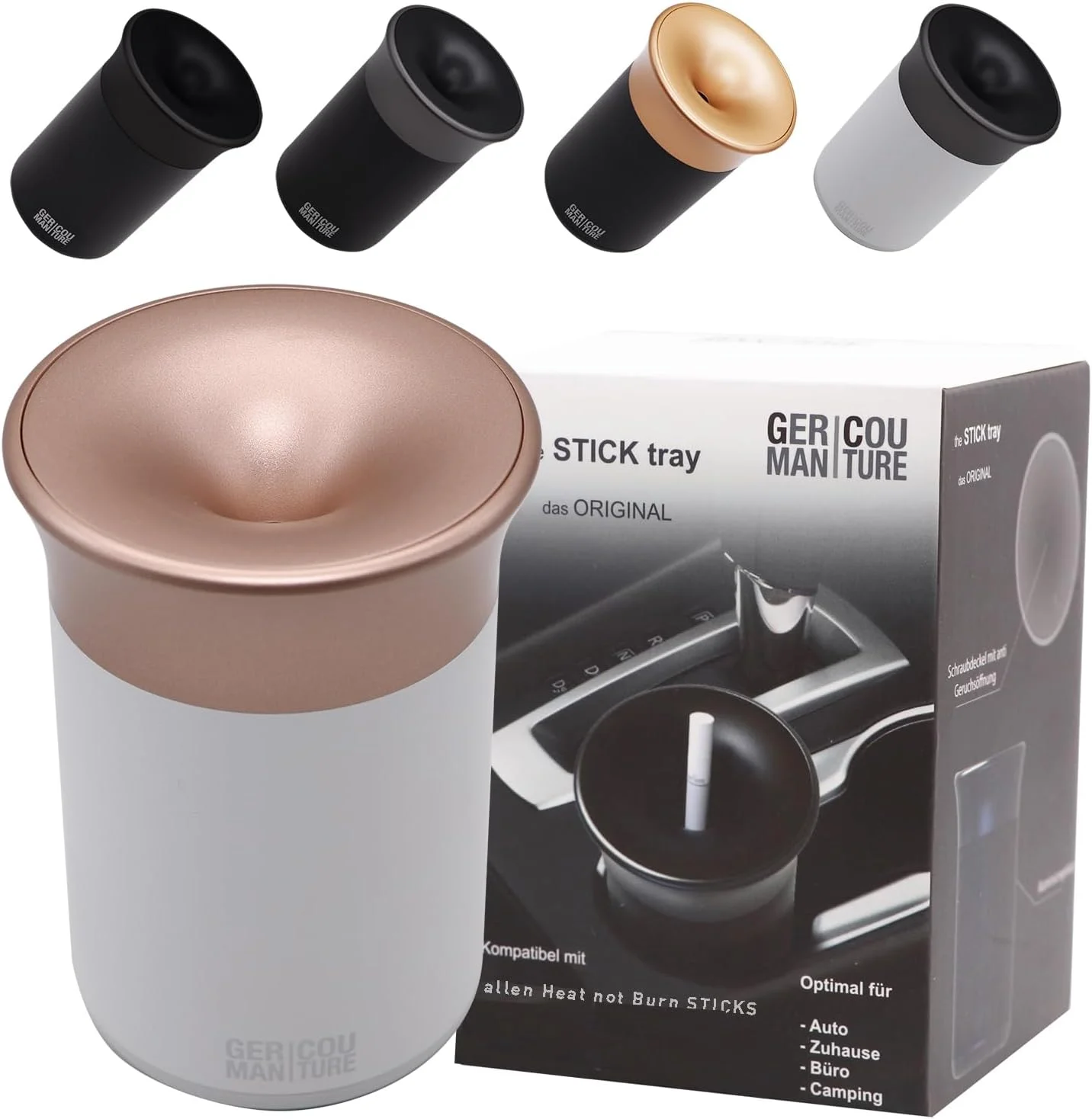 زیرسیگاری فنجانی گلدوزی شده GC German Couture سازگار با IQOS Iluma Prime Terea Sticks و Heets Sticks + Glo Hyper Pro Air Neo Sticks لوازم جانبی برای ماشین، دفتر یا خانه، سفید/رزگلد