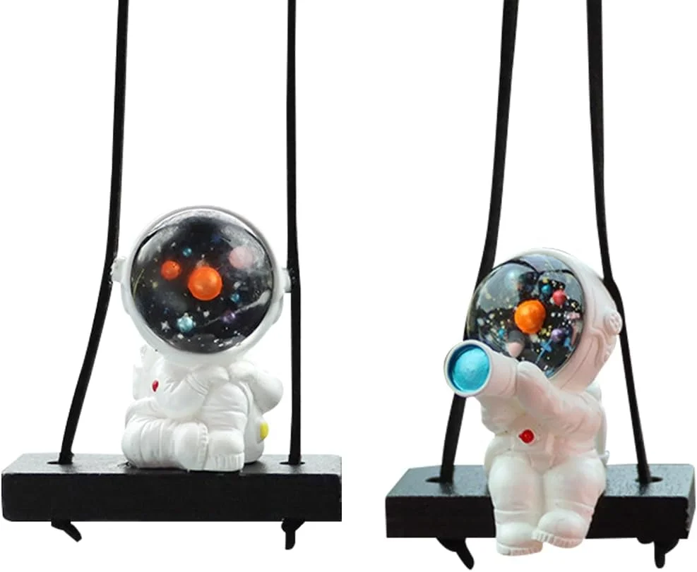 آویز تزیینی فضانورد متحرک خودرو، 2 عدد آویز خودرو برای آینه دید عقب، آویز کارتونی فضانورد خودرو، دکور زیبا برای آینه دید عقب خودرو