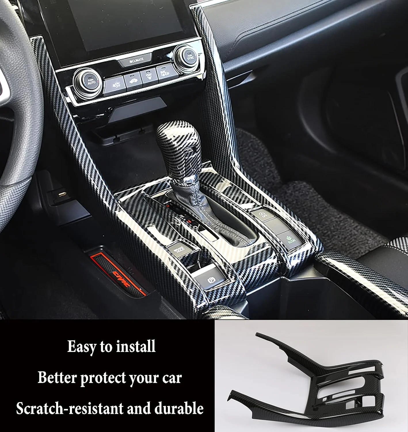 لوازم جانبی خودرو مناسب برای هوندا سیویک نسل 10 مدل 2016-2021، روکش پنل دنده کنسول مرکزی داخلی (طرح فیبر کربن) ABS، 1 عدد