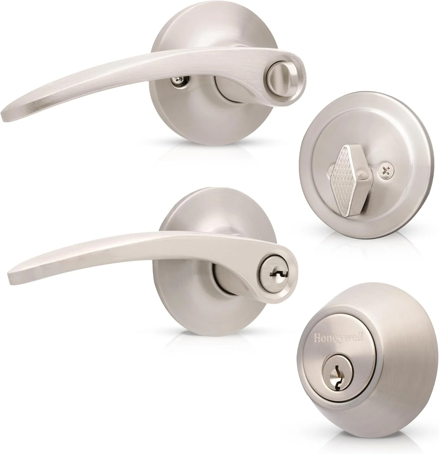 دستگیره درب داخلی Honeywell Safes & Door Locks – دستگیره اهرمی درب و قفل زبانه ای ترکیبی، روکش نیکل ساتن، دستگیره های درب با نصب آسان برای خانه و دفتر - 8108732