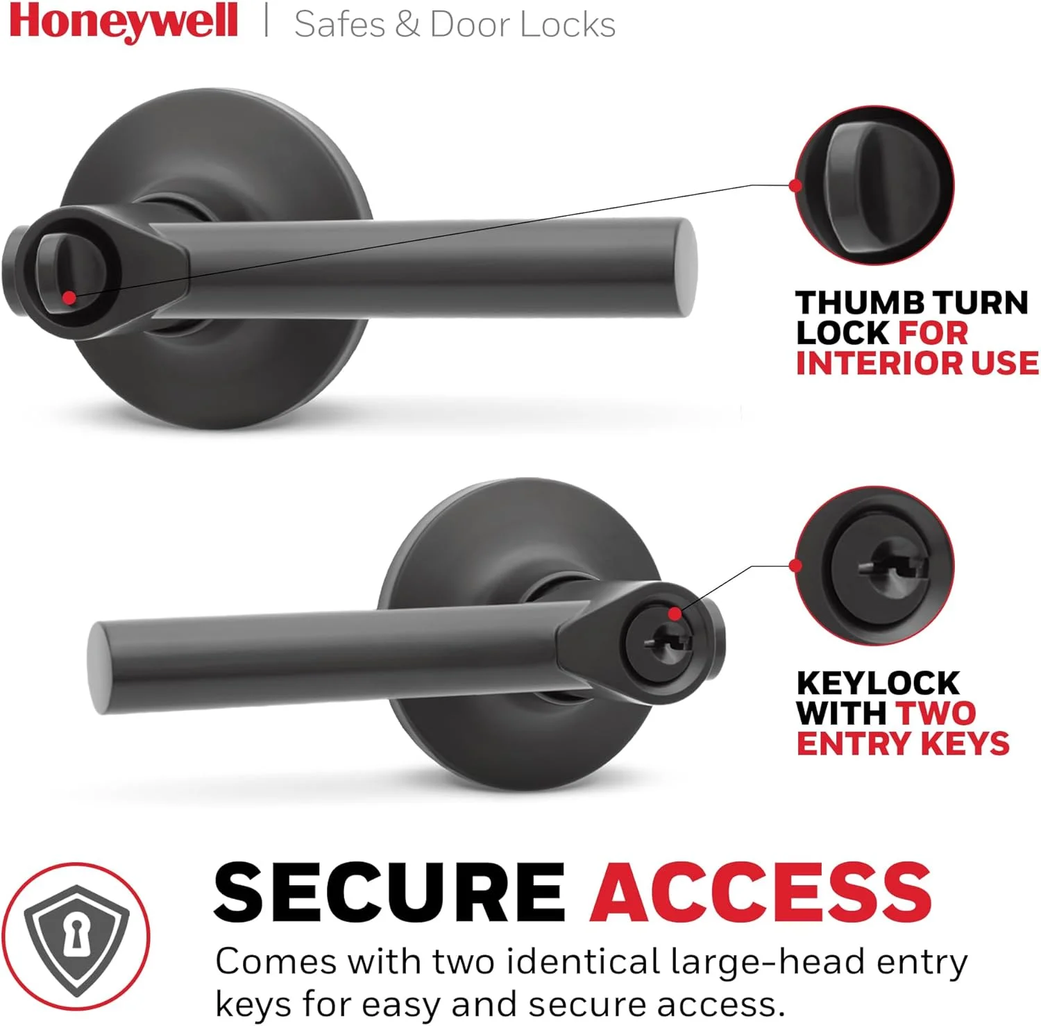 دستگیره درب داخلی Honeywell Safes & Door Locks - دستگیره اهرمی درب با طراحی برگشت پذیر، مشکی مات، عملکرد ورود کلیدی، دستگیره های درب با نصب آسان برای خانه و دفتر - 8108608 دستگیره درب داخلی Honeywell Safes & Door Locks - دستگیره اهرمی درب با طراحی برگشت پذیر، مشکی مات، عملکرد ورود کلیدی، دستگیره های درب با نصب آسان برای خانه و دفتر - 8108608