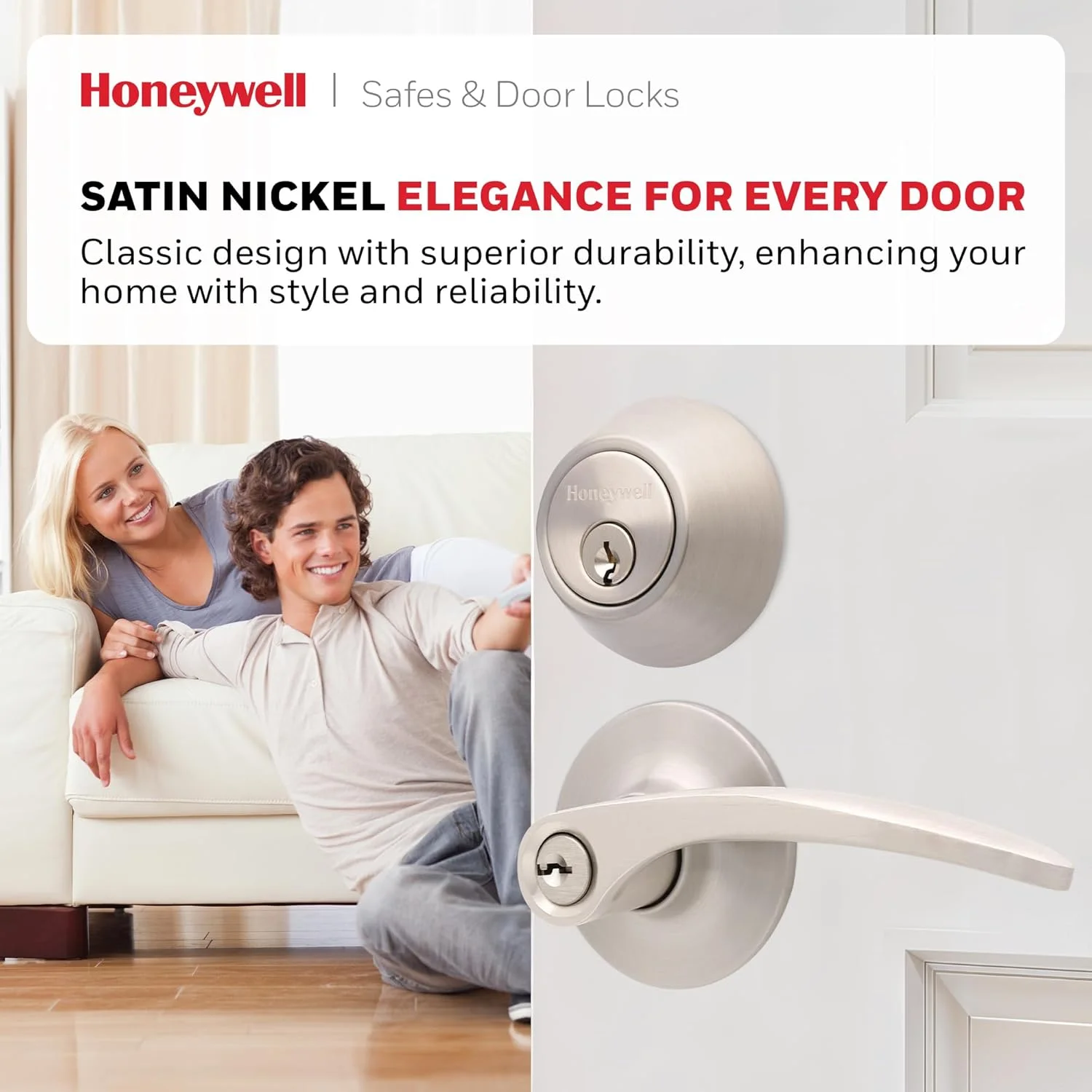 دستگیره درب داخلی Honeywell Safes & Door Locks – دستگیره اهرمی درب و قفل زبانه ای ترکیبی، روکش نیکل ساتن، دستگیره های درب با نصب آسان برای خانه و دفتر - 8108732 دستگیره درب داخلی Honeywell Safes & Door Locks – دستگیره اهرمی درب و قفل زبانه ای ترکیبی، روکش نیکل ساتن، دستگیره های درب با نصب آسان برای خانه و دفتر - 8108732