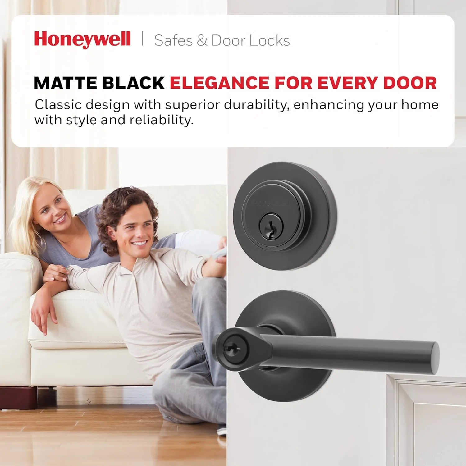 دستگیره درب داخلی Honeywell Safes & Door Locks – دستگیره اهرمی درب و قفل زبانه ای ترکیبی، روکش مشکی مات، نصب آسان برای خانه و دفتر - 8108638 دستگیره درب داخلی Honeywell Safes & Door Locks – دستگیره اهرمی درب و قفل زبانه ای ترکیبی، روکش مشکی مات، نصب آسان برای خانه و دفتر - 8108638