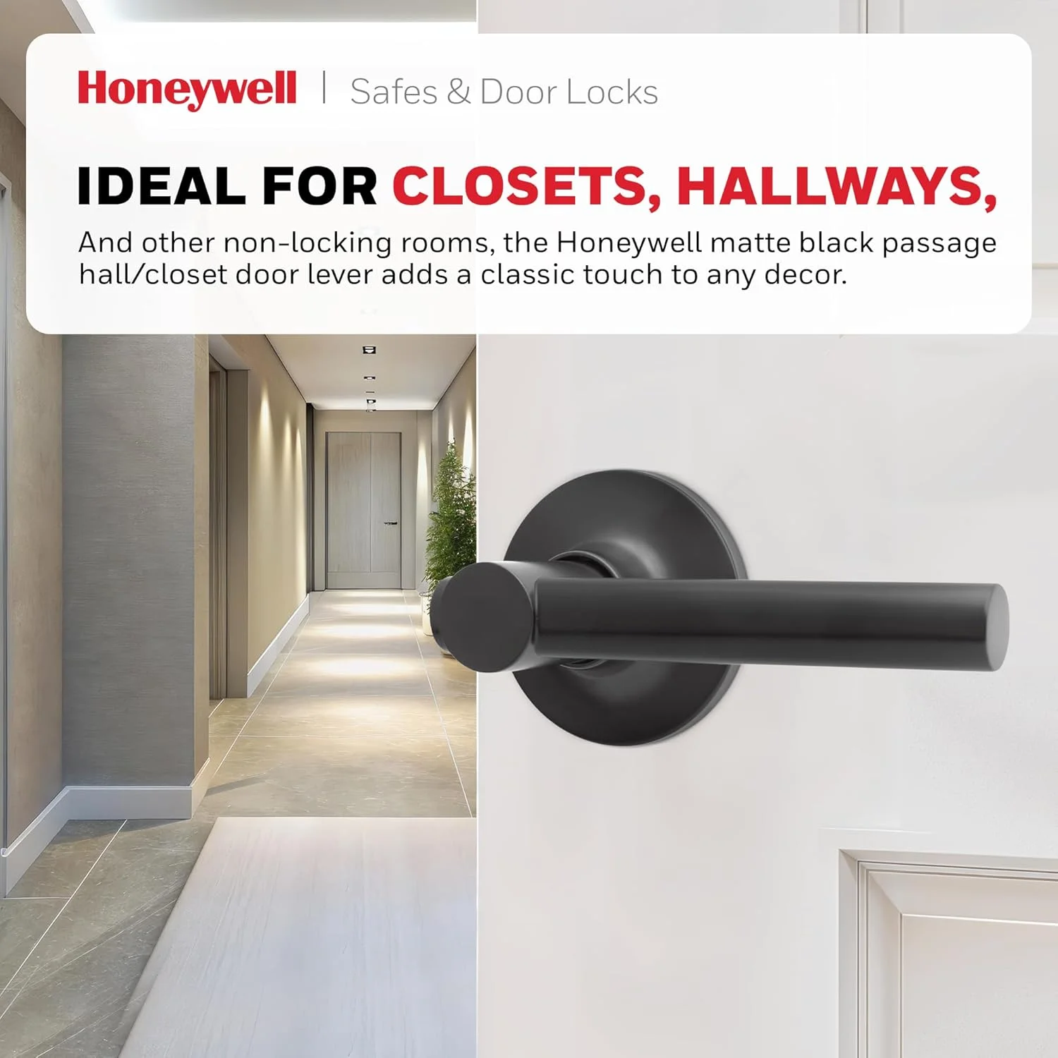 دستگیره درب داخلی هانیول - دستگیره اهرمی با طراحی برگشت پذیر، مشکی مات، عملکرد عبوری، دستگیره های درب با نصب آسان برای خانه و دفتر - 8108628 دستگیره درب داخلی هانیول - دستگیره اهرمی با طراحی برگشت پذیر، مشکی مات، عملکرد عبوری، دستگیره های درب با نصب آسان برای خانه و دفتر - 8108628