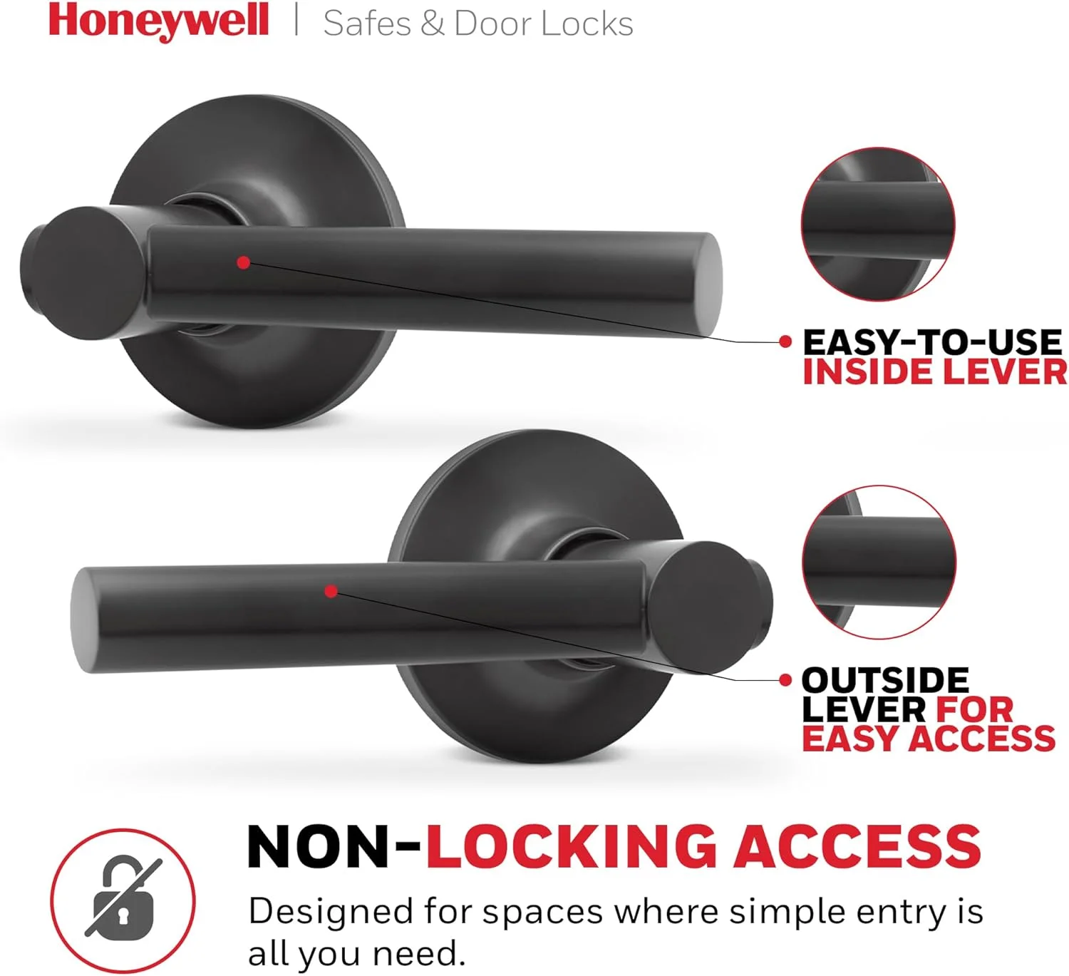 دستگیره درب داخلی هانیول - دستگیره اهرمی با طراحی برگشت پذیر، مشکی مات، عملکرد عبوری، دستگیره های درب با نصب آسان برای خانه و دفتر - 8108628 دستگیره درب داخلی هانیول - دستگیره اهرمی با طراحی برگشت پذیر، مشکی مات، عملکرد عبوری، دستگیره های درب با نصب آسان برای خانه و دفتر - 8108628