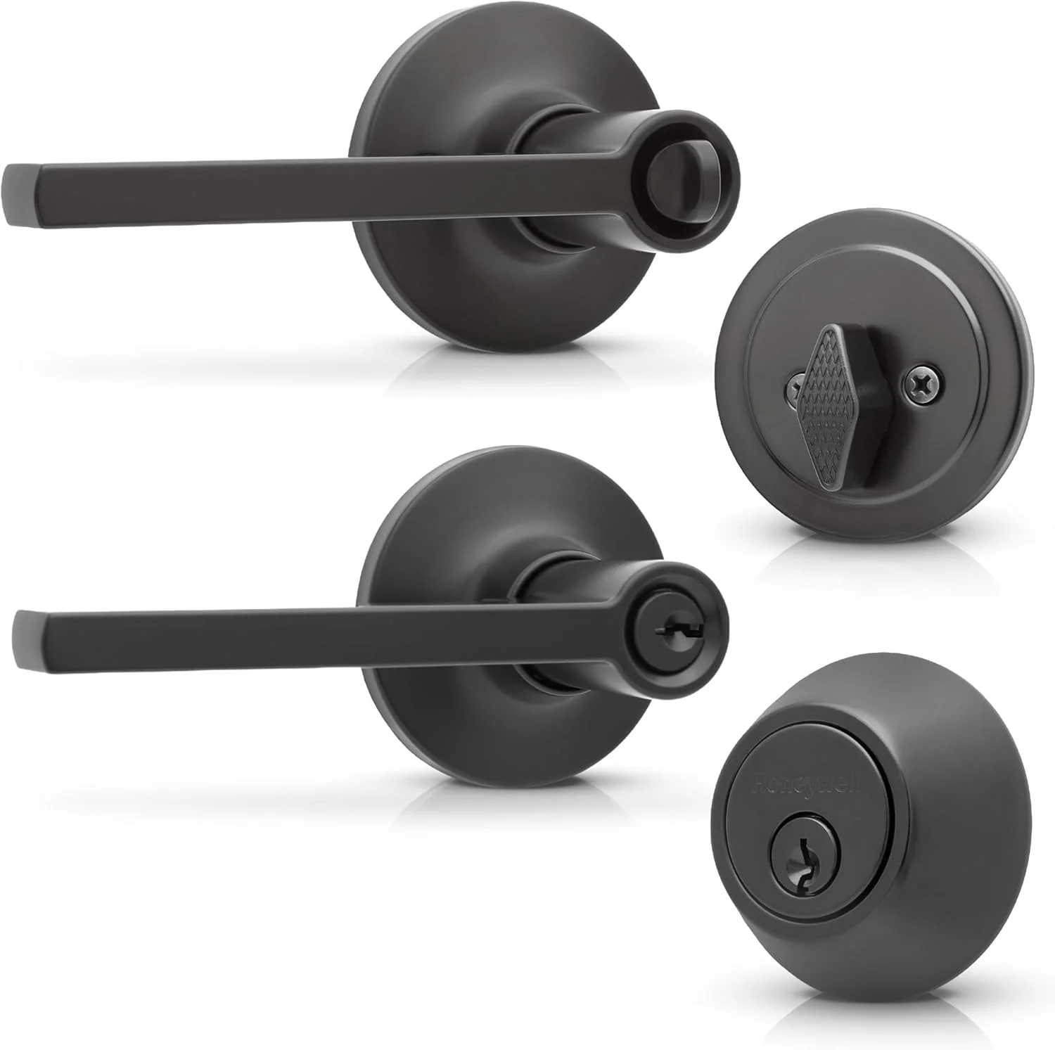 دستگیره درب داخلی هانیول - دستگیره اهرمی درب و قفل زبانه دار ترکیبی، روکش مشکی مات، دستگیره های درب با نصب آسان برای خانه و دفتر - 8108632