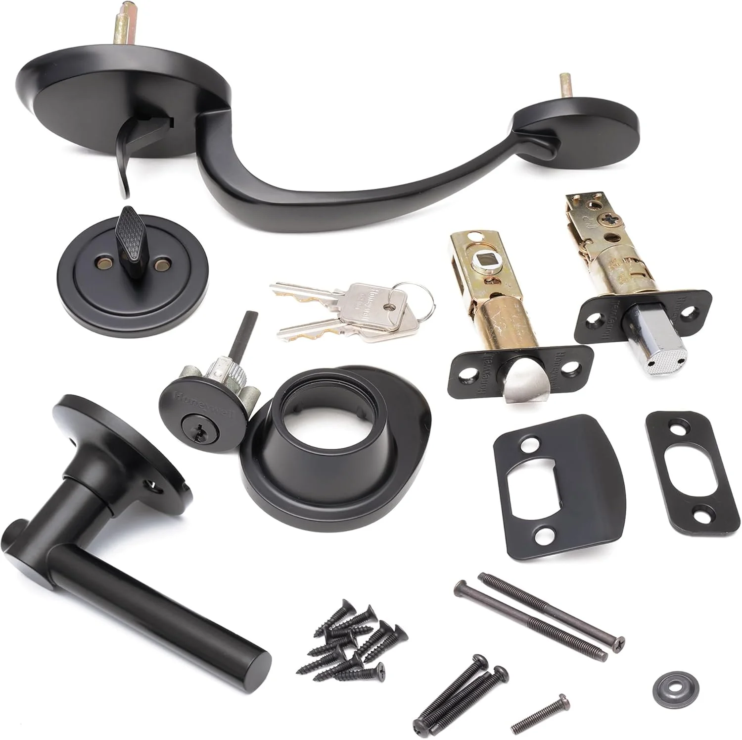 دستگیره و قفل درب ورودی هانیول، مشکی مات، به همراه قفل تک سیلندر – قفل درب شیک و ایمن با اهرم منحنی برای درب های داخلی و خارجی - 8108648 دستگیره و قفل درب ورودی هانیول، مشکی مات، به همراه قفل تک سیلندر – قفل درب شیک و ایمن با اهرم منحنی برای درب های داخلی و خارجی - 8108648