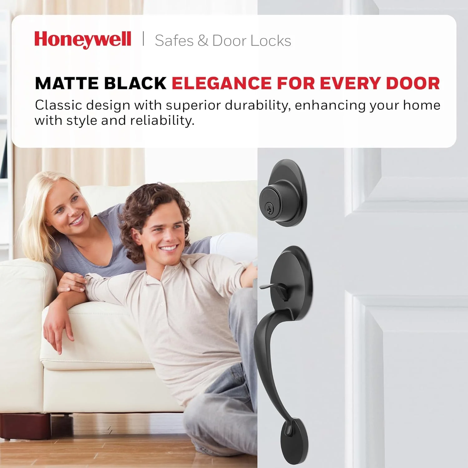 دستگیره و قفل درب ورودی هانیول، مشکی مات، به همراه قفل تک سیلندر – قفل درب شیک و ایمن با اهرم منحنی برای درب های داخلی و خارجی - 8108648 دستگیره و قفل درب ورودی هانیول، مشکی مات، به همراه قفل تک سیلندر – قفل درب شیک و ایمن با اهرم منحنی برای درب های داخلی و خارجی - 8108648