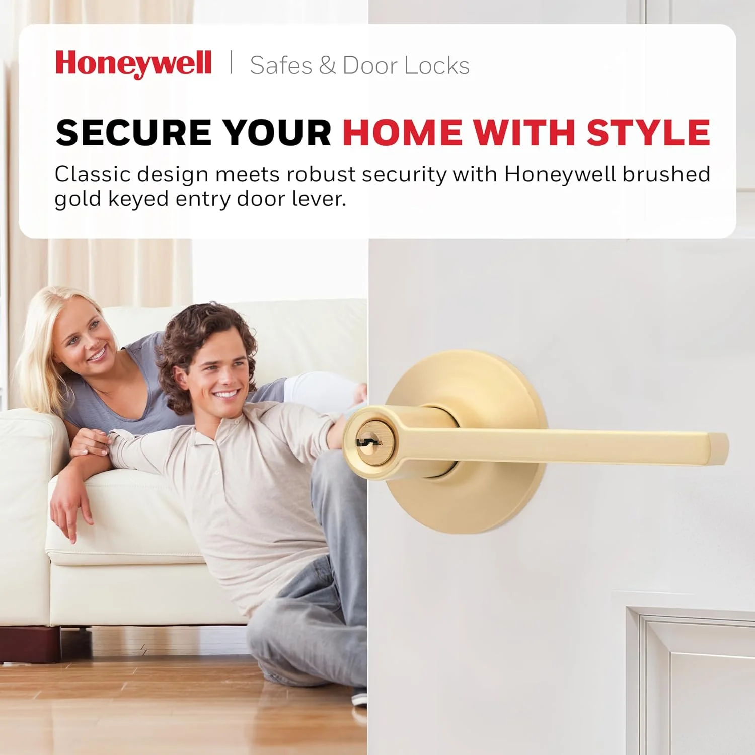 دستگیره درب داخلی Honeywell Safes & Door Locks – دستگیره اهرمی درب با طراحی برگشت پذیر، طلایی برس خورده، عملکرد ورود کلیدی، دستگیره های درب با نصب آسان برای خانه و دفتر - 8108604 دستگیره درب داخلی Honeywell Safes & Door Locks – دستگیره اهرمی درب با طراحی برگشت پذیر، طلایی برس خورده، عملکرد ورود کلیدی، دستگیره های درب با نصب آسان برای خانه و دفتر - 8108604