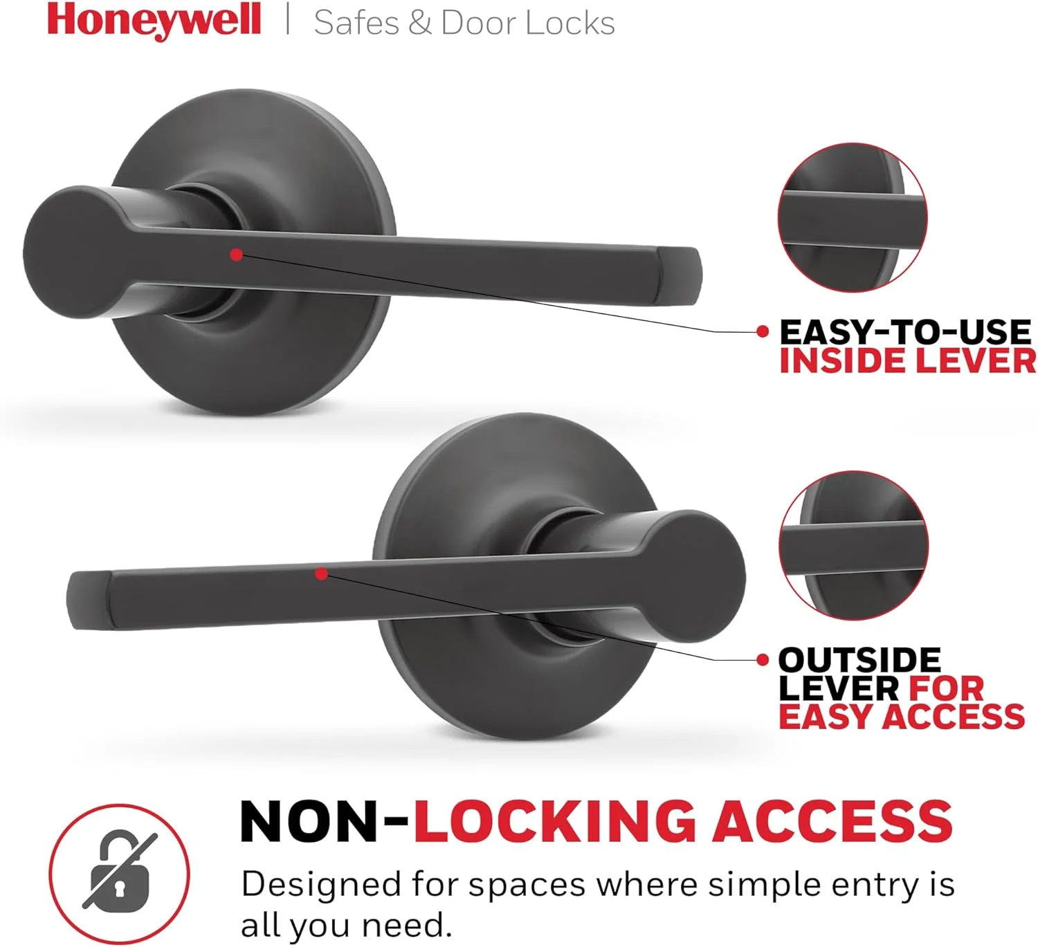 دستگیره درب داخلی Honeywell Safes & Door Locks – دستگیره اهرمی درب با طراحی برگشت پذیر، مشکی مات، عملکرد عبوری، دستگیره های درب با نصب آسان برای خانه و دفتر - 8108622 دستگیره درب داخلی Honeywell Safes & Door Locks – دستگیره اهرمی درب با طراحی برگشت پذیر، مشکی مات، عملکرد عبوری، دستگیره های درب با نصب آسان برای خانه و دفتر - 8108622