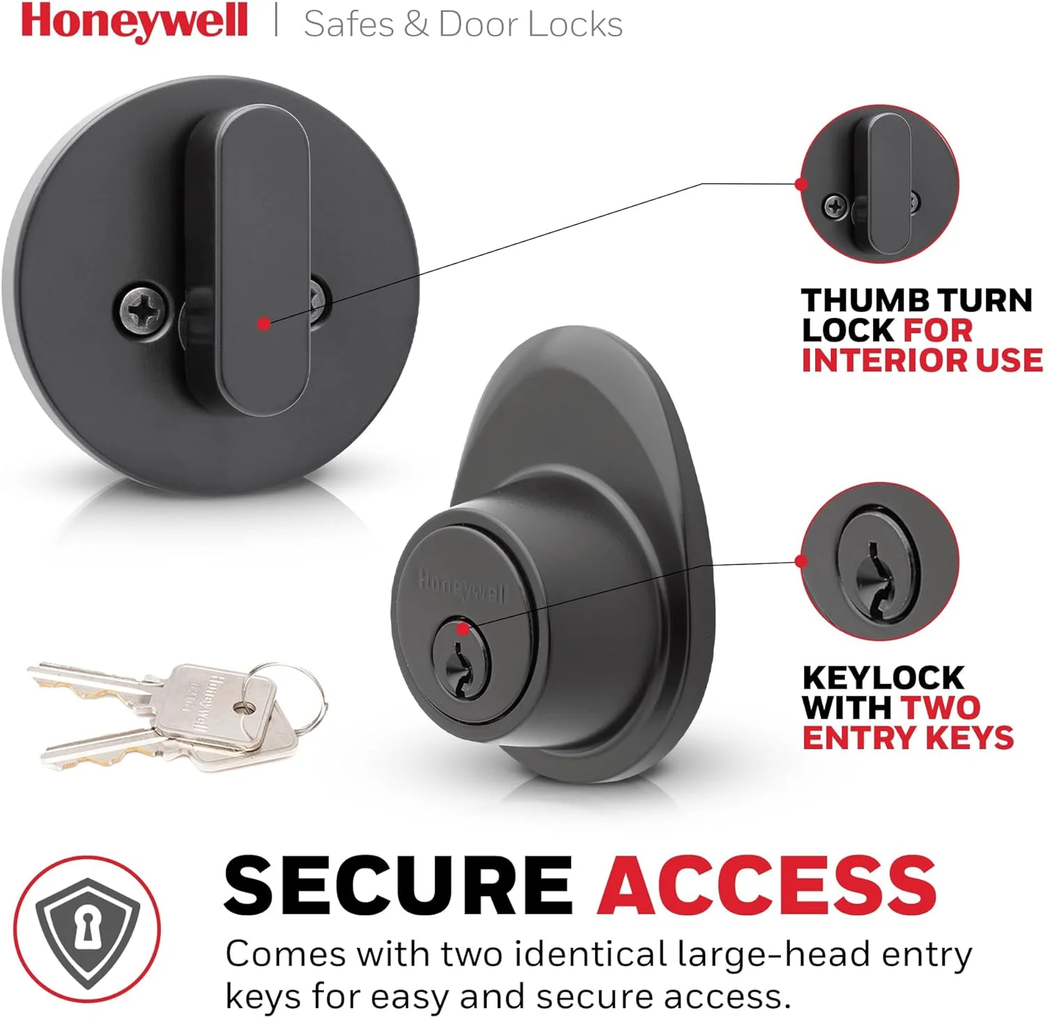 دستگیره و قفل درب ورودی هانیول، مشکی مات، به همراه قفل تک سیلندر – قفل درب شیک و ایمن با اهرم منحنی برای درب های داخلی و خارجی - 8108648 دستگیره و قفل درب ورودی هانیول، مشکی مات، به همراه قفل تک سیلندر – قفل درب شیک و ایمن با اهرم منحنی برای درب های داخلی و خارجی - 8108648