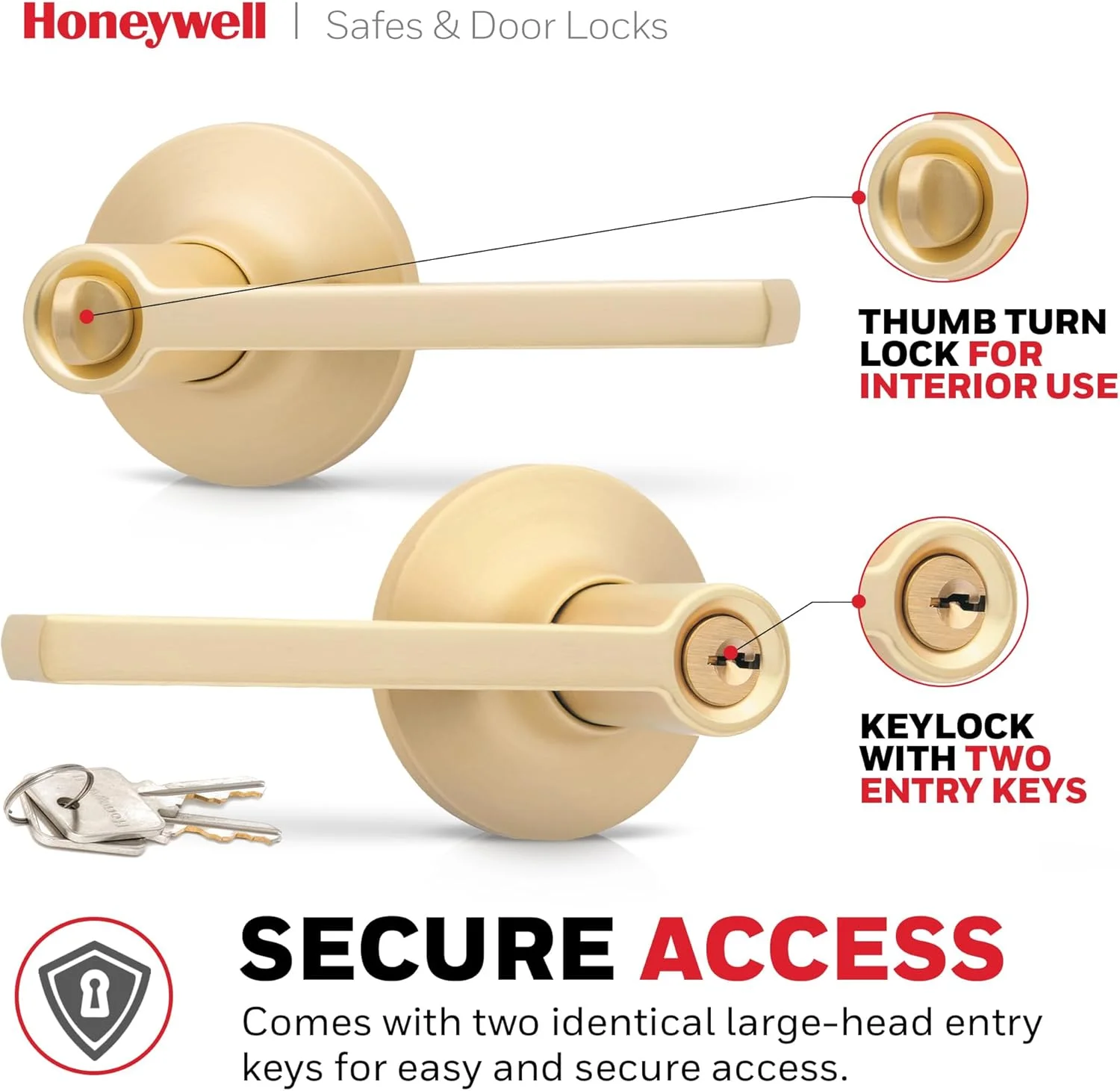 دستگیره درب داخلی Honeywell Safes & Door Locks – دستگیره اهرمی درب با طراحی برگشت پذیر، طلایی برس خورده، عملکرد ورود کلیدی، دستگیره های درب با نصب آسان برای خانه و دفتر - 8108604 دستگیره درب داخلی Honeywell Safes & Door Locks – دستگیره اهرمی درب با طراحی برگشت پذیر، طلایی برس خورده، عملکرد ورود کلیدی، دستگیره های درب با نصب آسان برای خانه و دفتر - 8108604