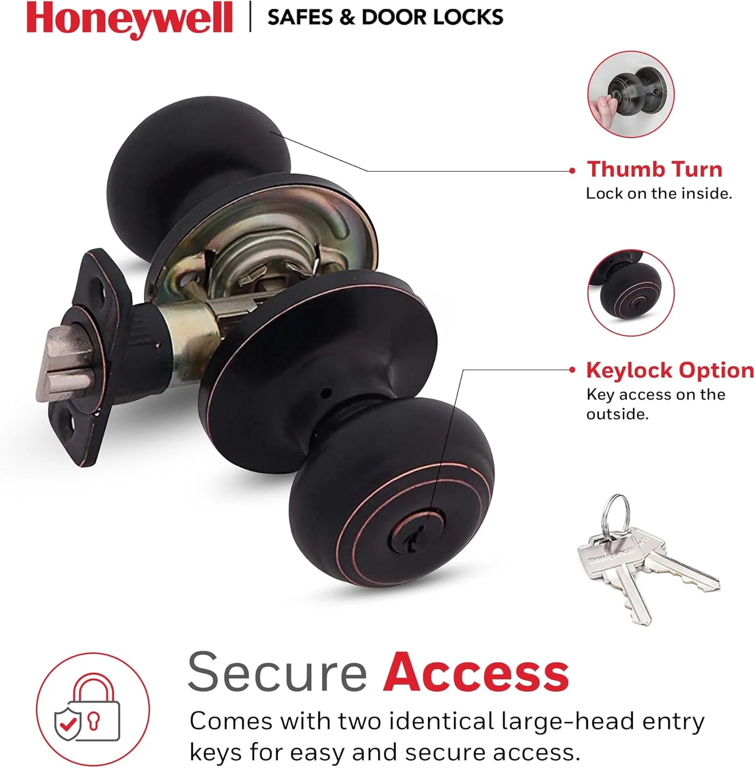 دستگیره و قفل درب هانیول - دستگیره درب داخلی و خارجی با قفل و مجموعه کلید - دستگیره درب جلو مقاوم در برابر ضربه برای اتاق خواب و حمام - 16.5 x 7 x 7 سانتی متر - برنز روغنی - 8101401 دستگیره و قفل درب هانیول - دستگیره درب داخلی و خارجی با قفل و مجموعه کلید - دستگیره درب جلو مقاوم در برابر ضربه برای اتاق خواب و حمام - 16.5 x 7 x 7 سانتی متر - برنز روغنی - 8101401