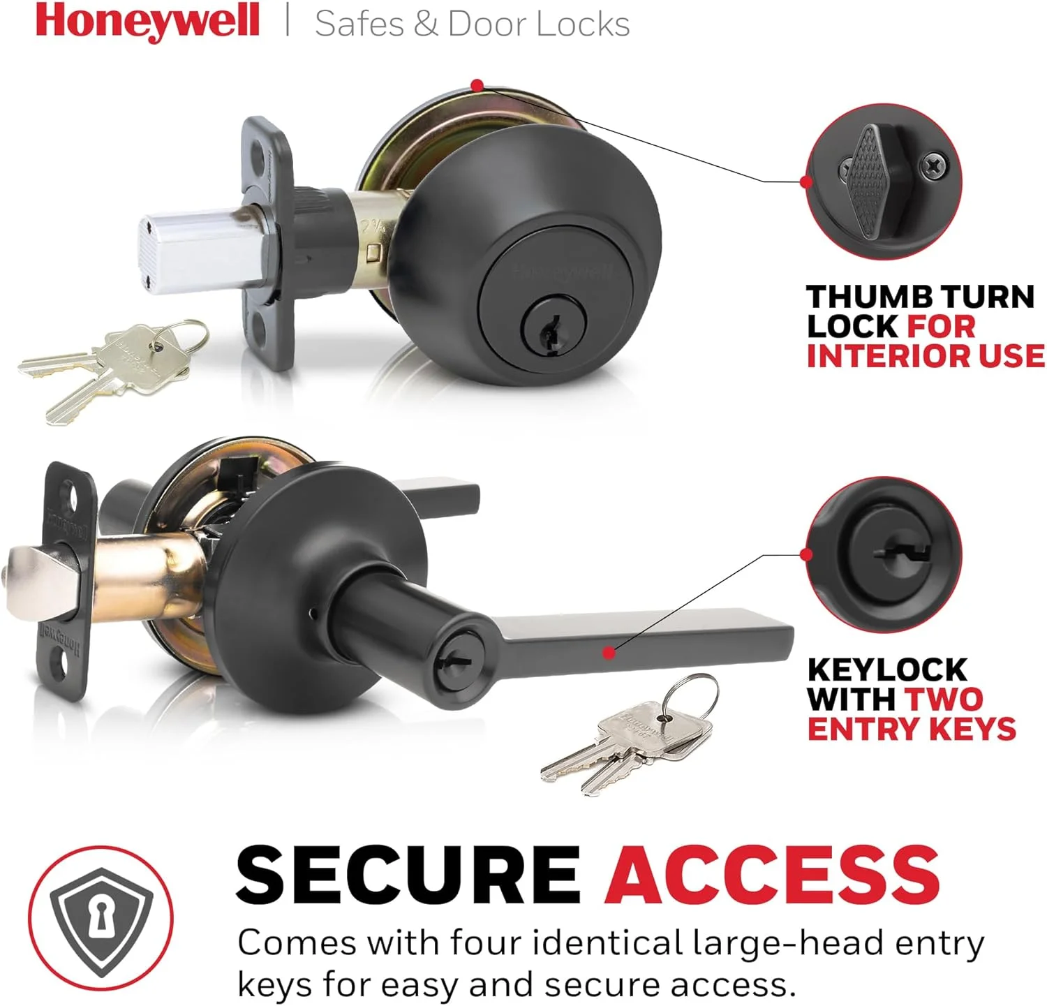 دستگیره درب داخلی هانیول - دستگیره اهرمی درب و قفل زبانه دار ترکیبی، روکش مشکی مات، دستگیره های درب با نصب آسان برای خانه و دفتر - 8108632 دستگیره درب داخلی هانیول - دستگیره اهرمی درب و قفل زبانه دار ترکیبی، روکش مشکی مات، دستگیره های درب با نصب آسان برای خانه و دفتر - 8108632