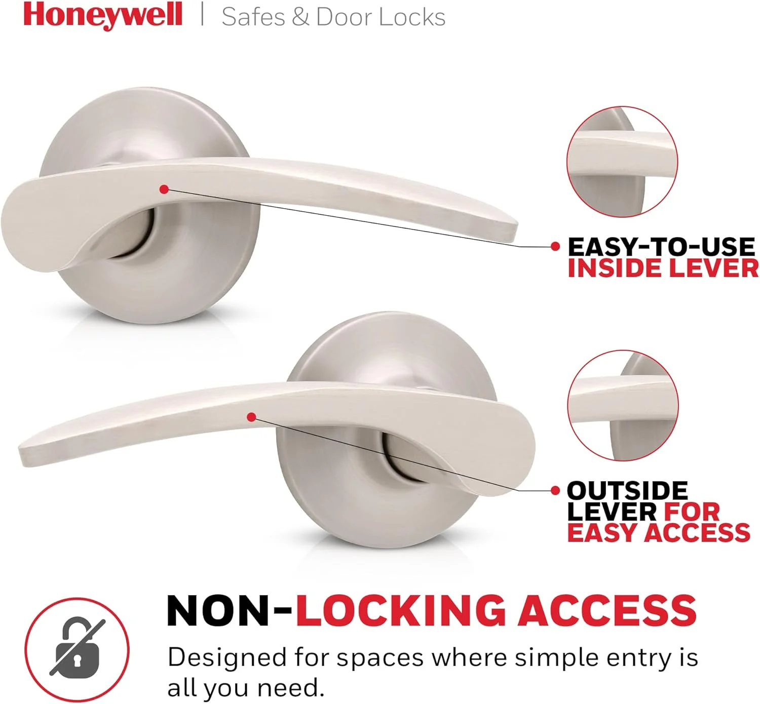 دستگیره درب داخلی Honeywell Safes & Door Locks - دستگیره اهرمی درب با طراحی برگشت پذیر، نیکل ساتن، عملکرد عبوری، دستگیره های درب با نصب آسان برای خانه و دفتر - 8108722 دستگیره درب داخلی Honeywell Safes & Door Locks - دستگیره اهرمی درب با طراحی برگشت پذیر، نیکل ساتن، عملکرد عبوری، دستگیره های درب با نصب آسان برای خانه و دفتر - 8108722