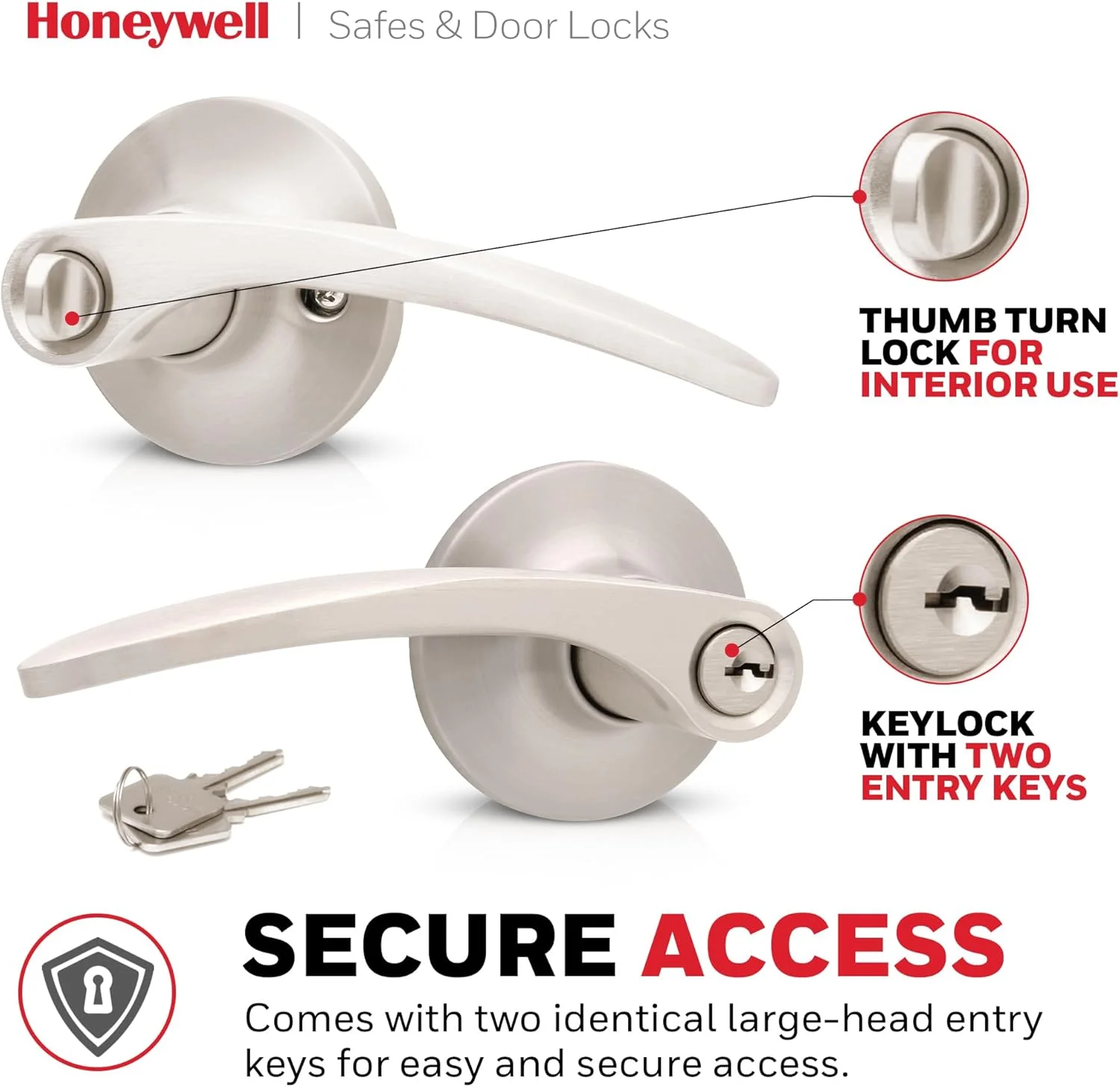 دستگیره درب داخلی Honeywell Safes & Door Locks - دستگیره اهرمی درب با طراحی برگشت پذیر، نیکل ساتن، عملکرد ورود کلیدی، دستگیره های درب با نصب آسان برای خانه و دفتر - 8108702 دستگیره درب داخلی Honeywell Safes & Door Locks - دستگیره اهرمی درب با طراحی برگشت پذیر، نیکل ساتن، عملکرد ورود کلیدی، دستگیره های درب با نصب آسان برای خانه و دفتر - 8108702