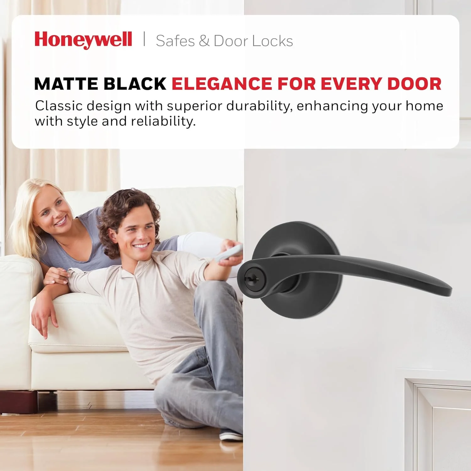دستگیره درب داخلی هانیول - دستگیره اهرمی با طراحی برگشت پذیر، مشکی مات، عملکرد ورود کلید دار، نصب آسان برای خانه و دفتر - 8108700 دستگیره درب داخلی هانیول - دستگیره اهرمی با طراحی برگشت پذیر، مشکی مات، عملکرد ورود کلید دار، نصب آسان برای خانه و دفتر - 8108700