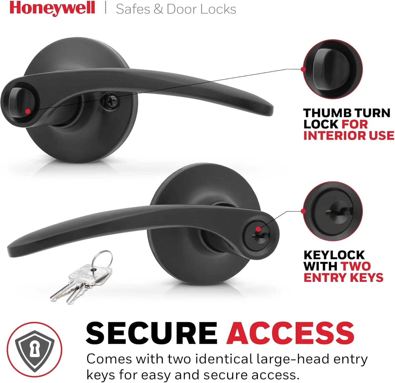 دستگیره درب داخلی هانیول - دستگیره اهرمی با طراحی برگشت پذیر، مشکی مات، عملکرد ورود کلید دار، نصب آسان برای خانه و دفتر - 8108700 دستگیره درب داخلی هانیول - دستگیره اهرمی با طراحی برگشت پذیر، مشکی مات، عملکرد ورود کلید دار، نصب آسان برای خانه و دفتر - 8108700